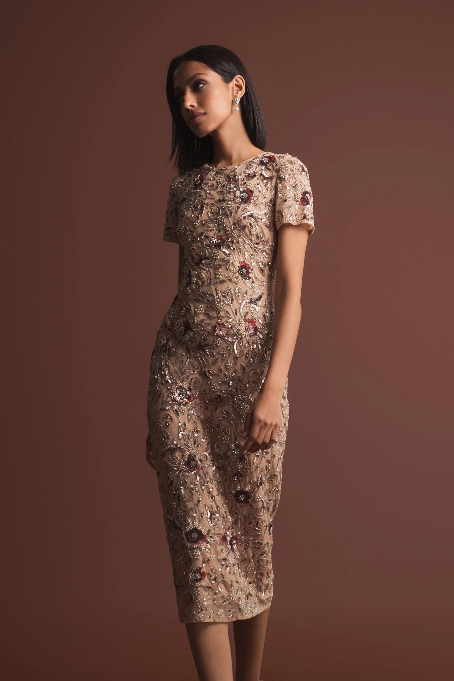 Beige Floral Embellished Short Sleeve Midi Dress