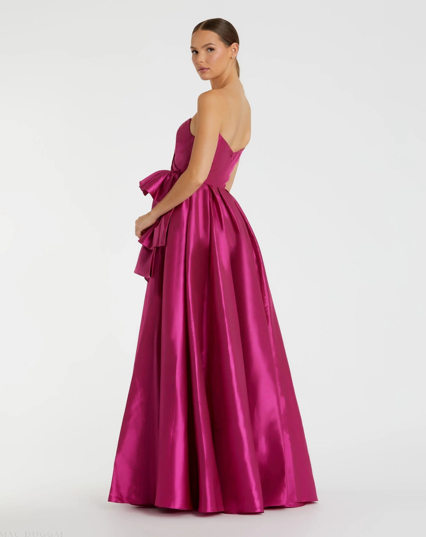 Pink Strapless Taffeta Gown with Ruffles and Slit