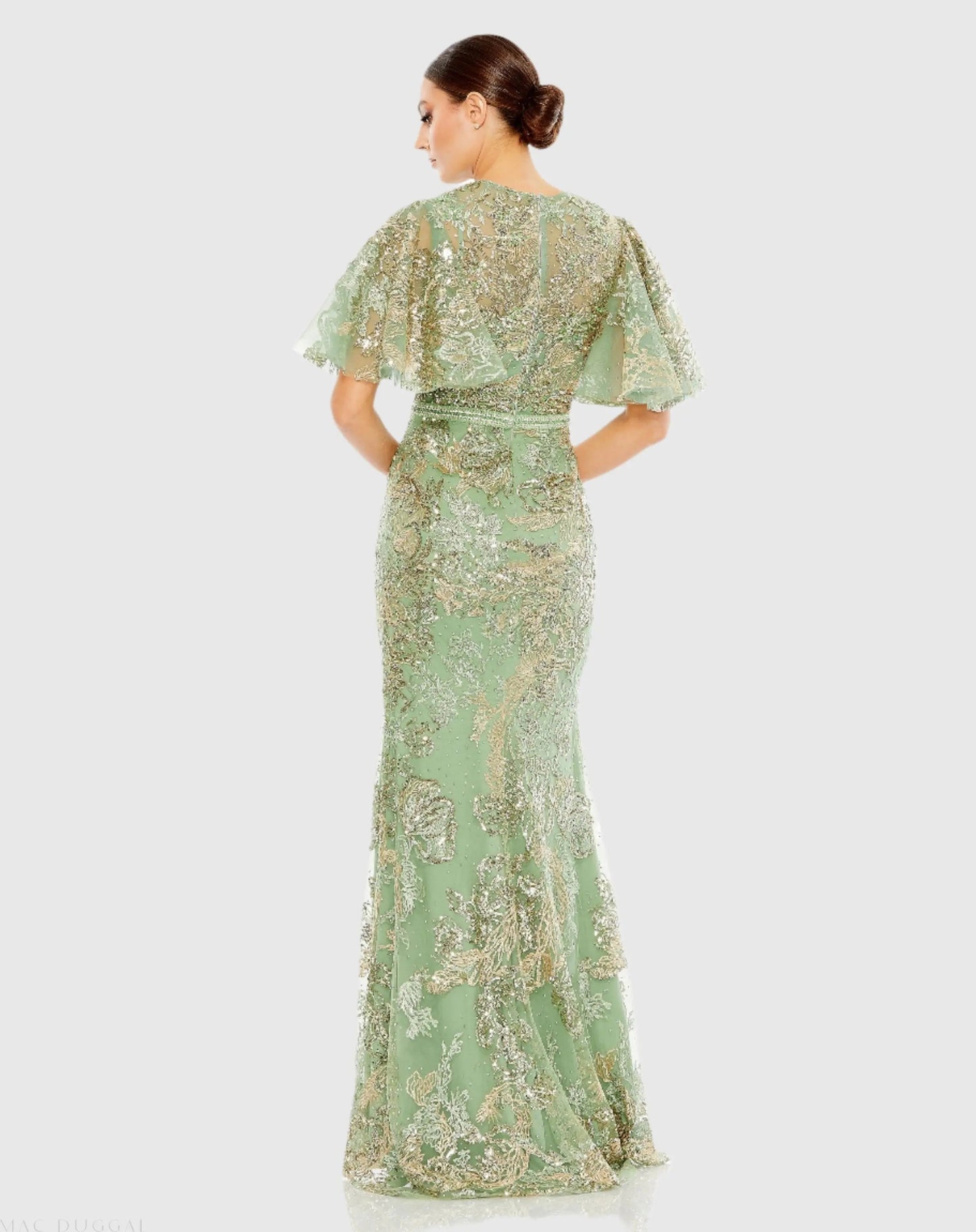 Green Embellished Flutter Sleeve High Neck Gown