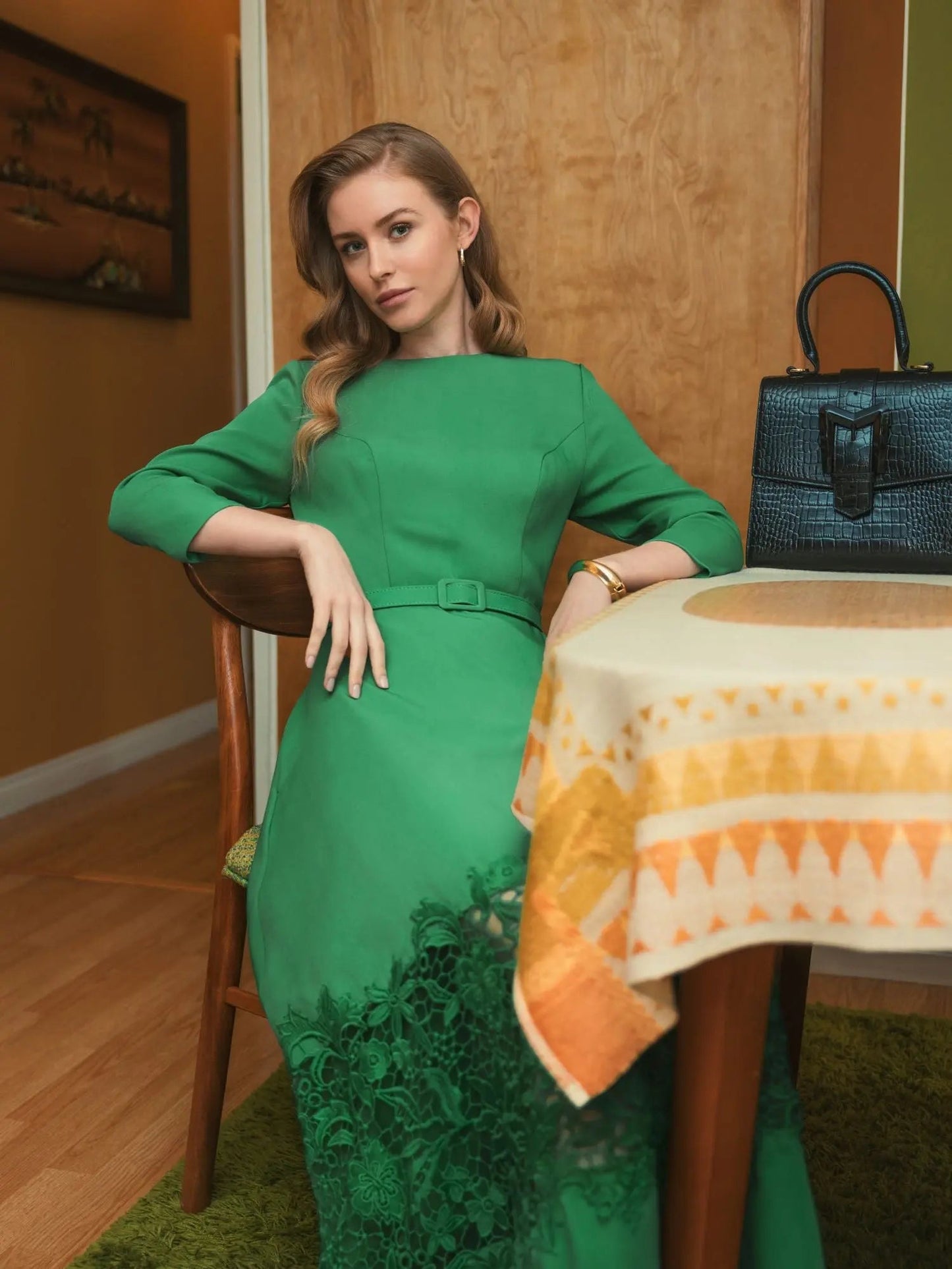 Green Crepe Boat Neck Midi Dress With Applique Cut Out