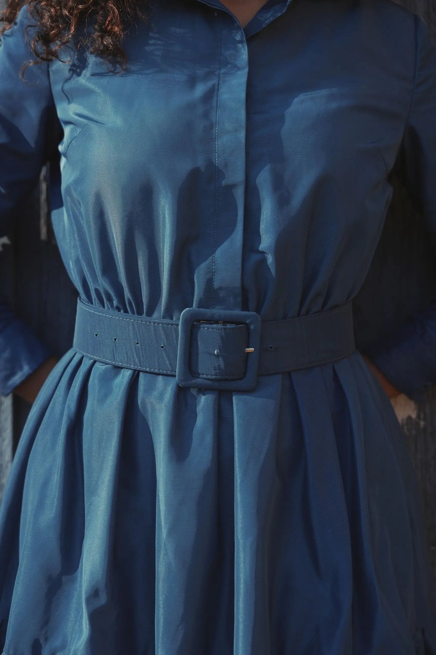 Blue Faille Long Sleeve Collared Midi Dress With Belt - FINAL SALE