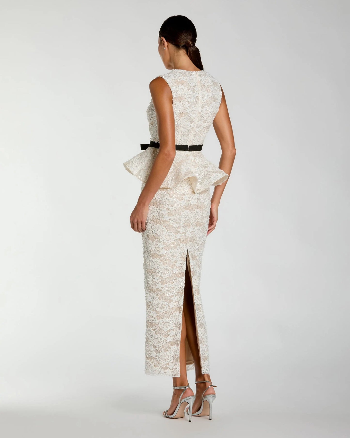 White Lace Peplum Column Dress with Bow