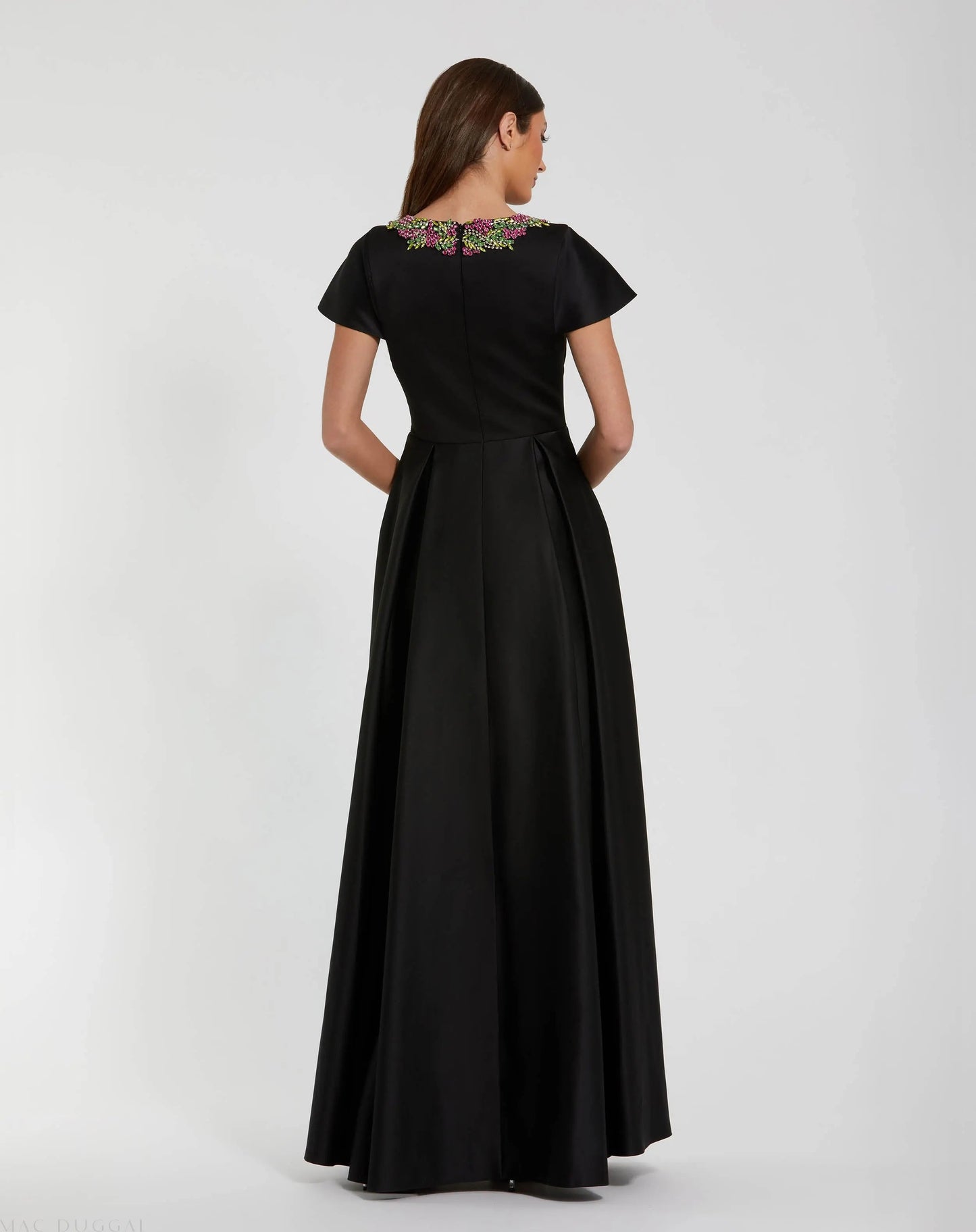Black Satin Flutter Sleeve Gown With Neckline Beading