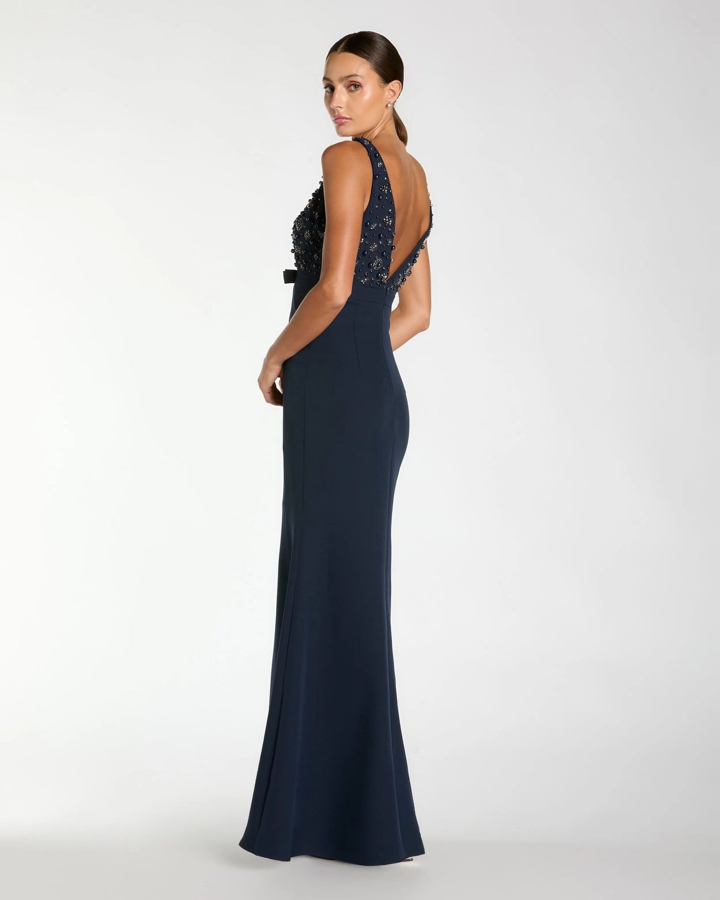 Navy Beaded V-Neck Trumpet Gown with Bow