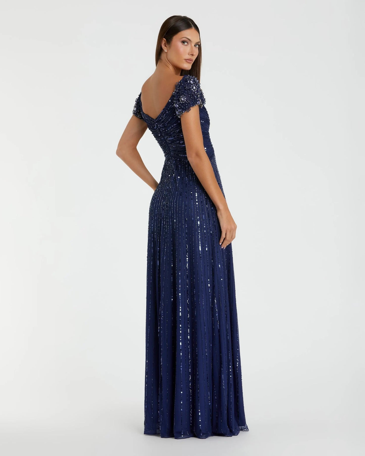 Navy Sequin A-Line Gown with Beaded Shoulders