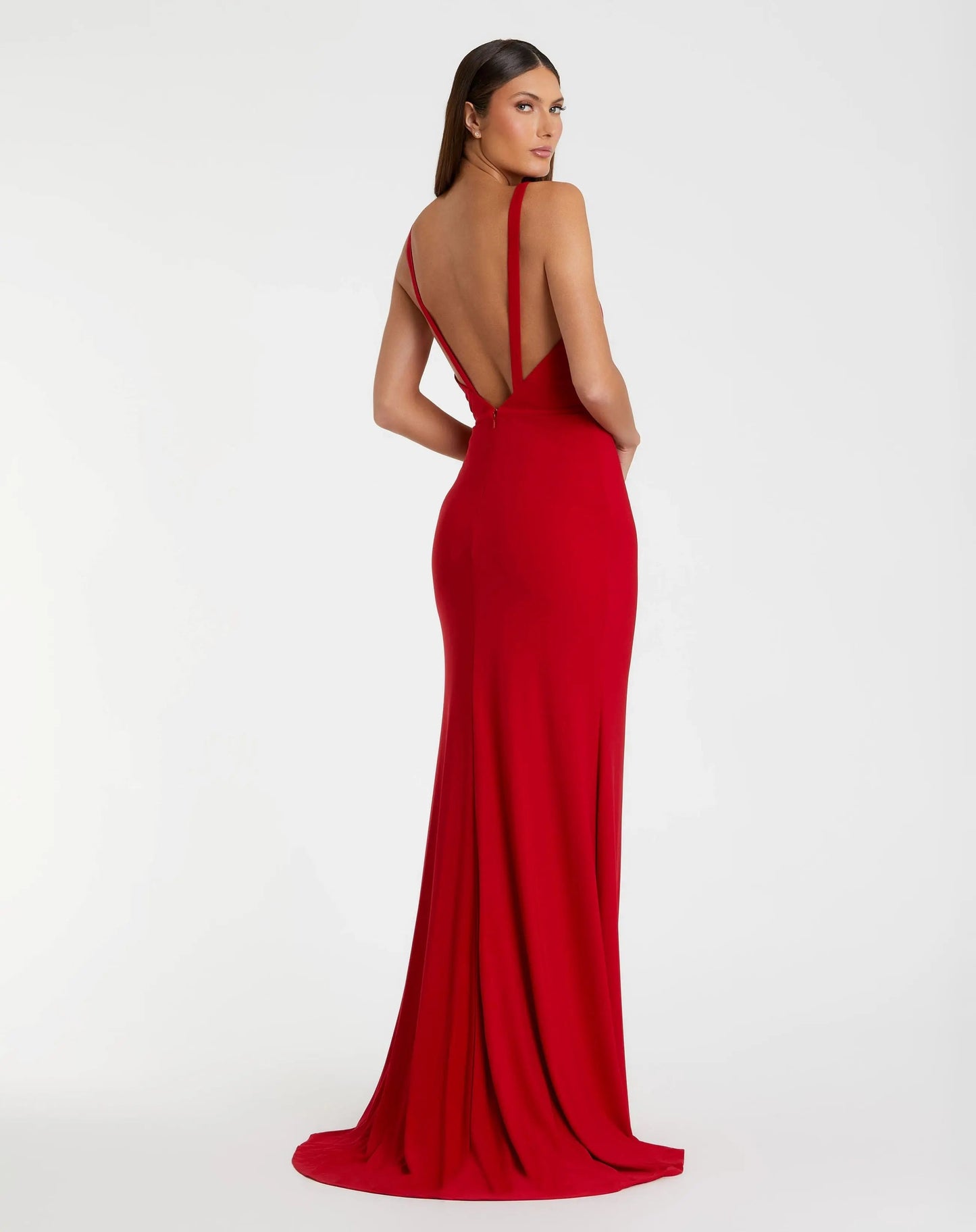 Red Plunge Neck High Slit Gown