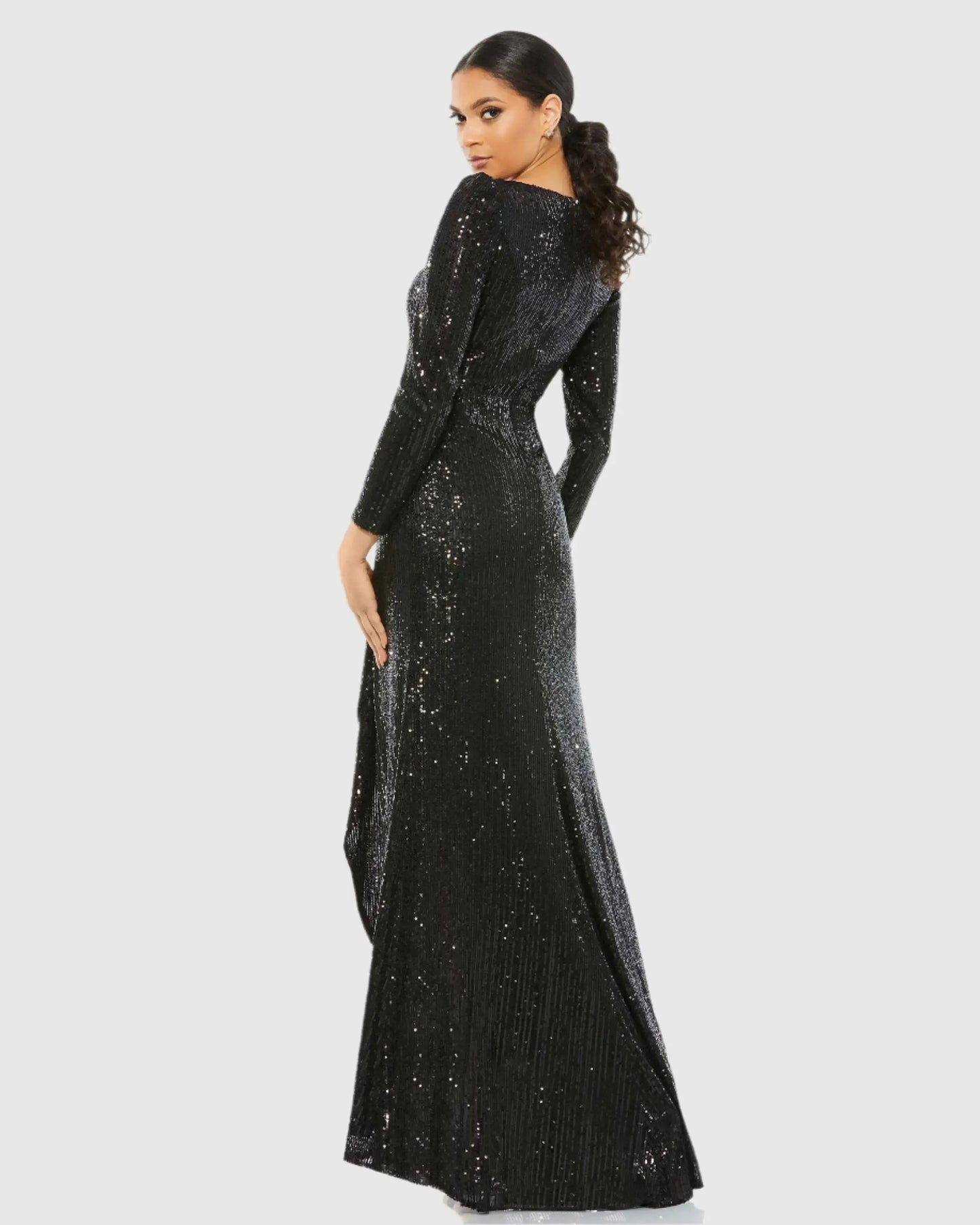 Black Faux Wrap Long Sleeve Sequin Gown
