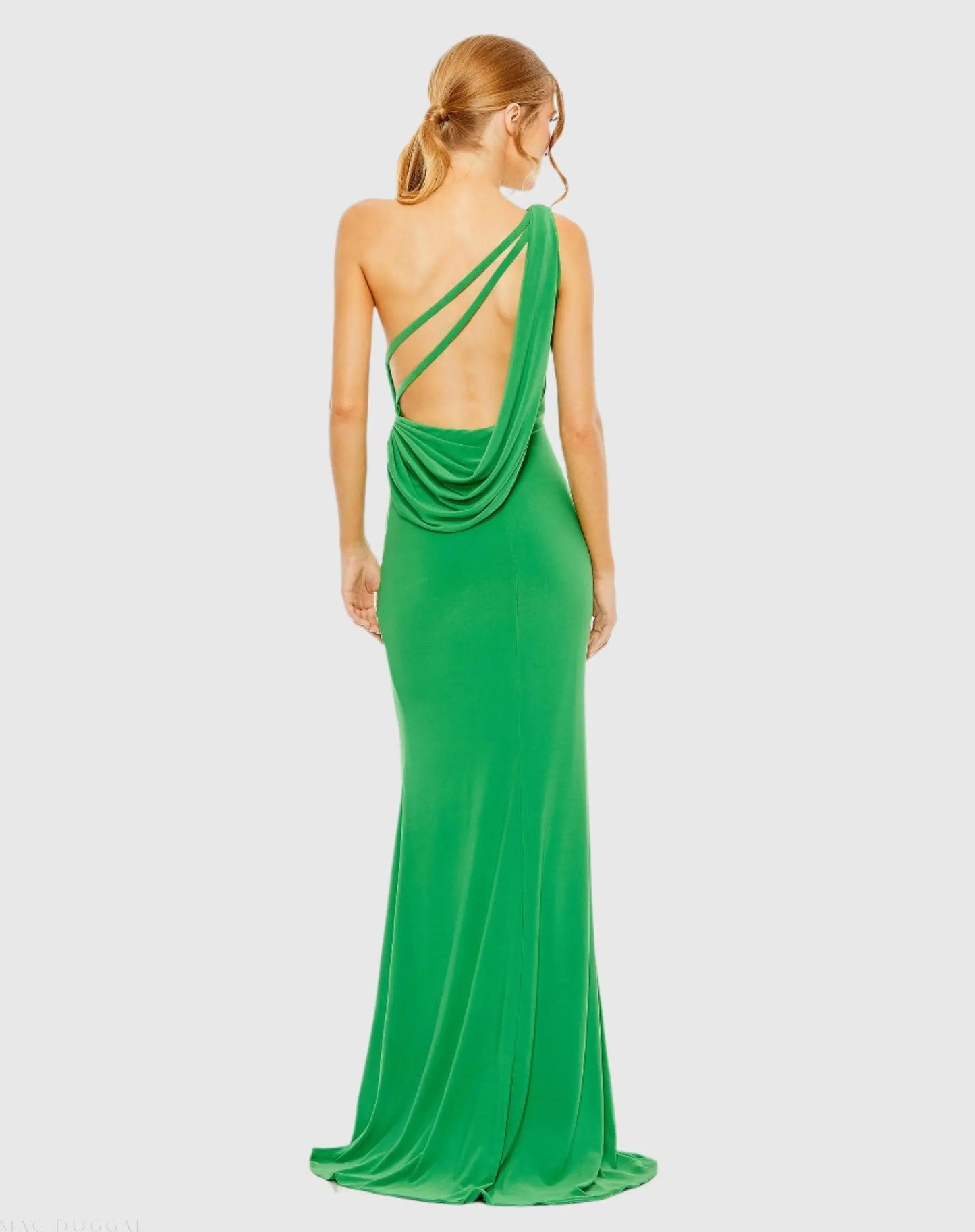 Green Jersey One Shoulder Draped Back Gown - FINAL SALE