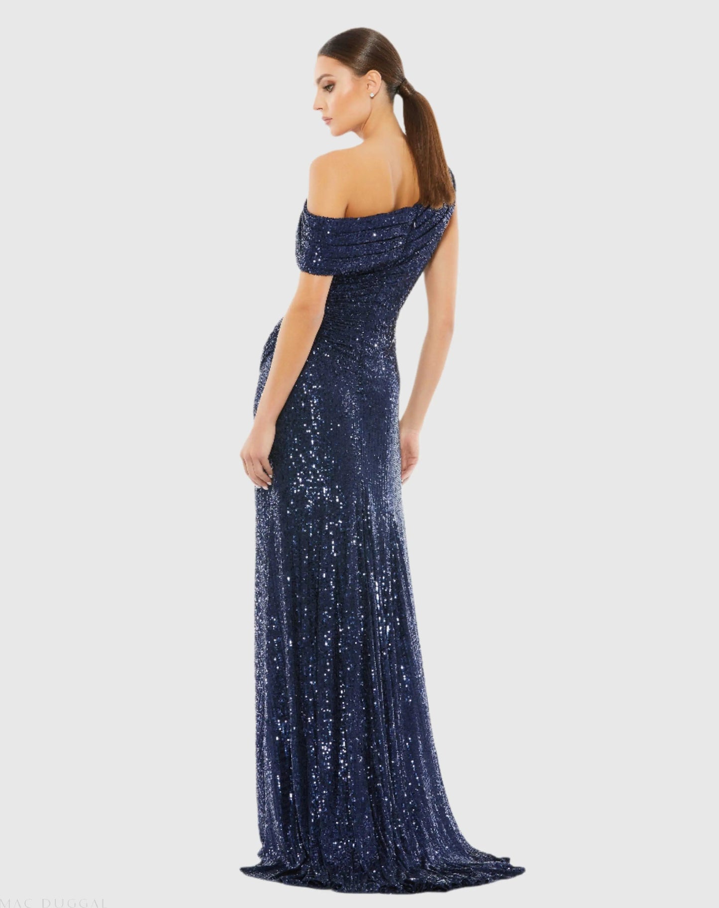 Navy Sequined Drop Shoulder Gown