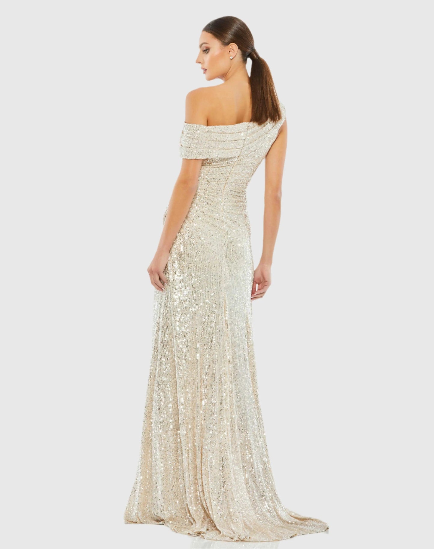 Beige Sequined Drop Shoulder Gown