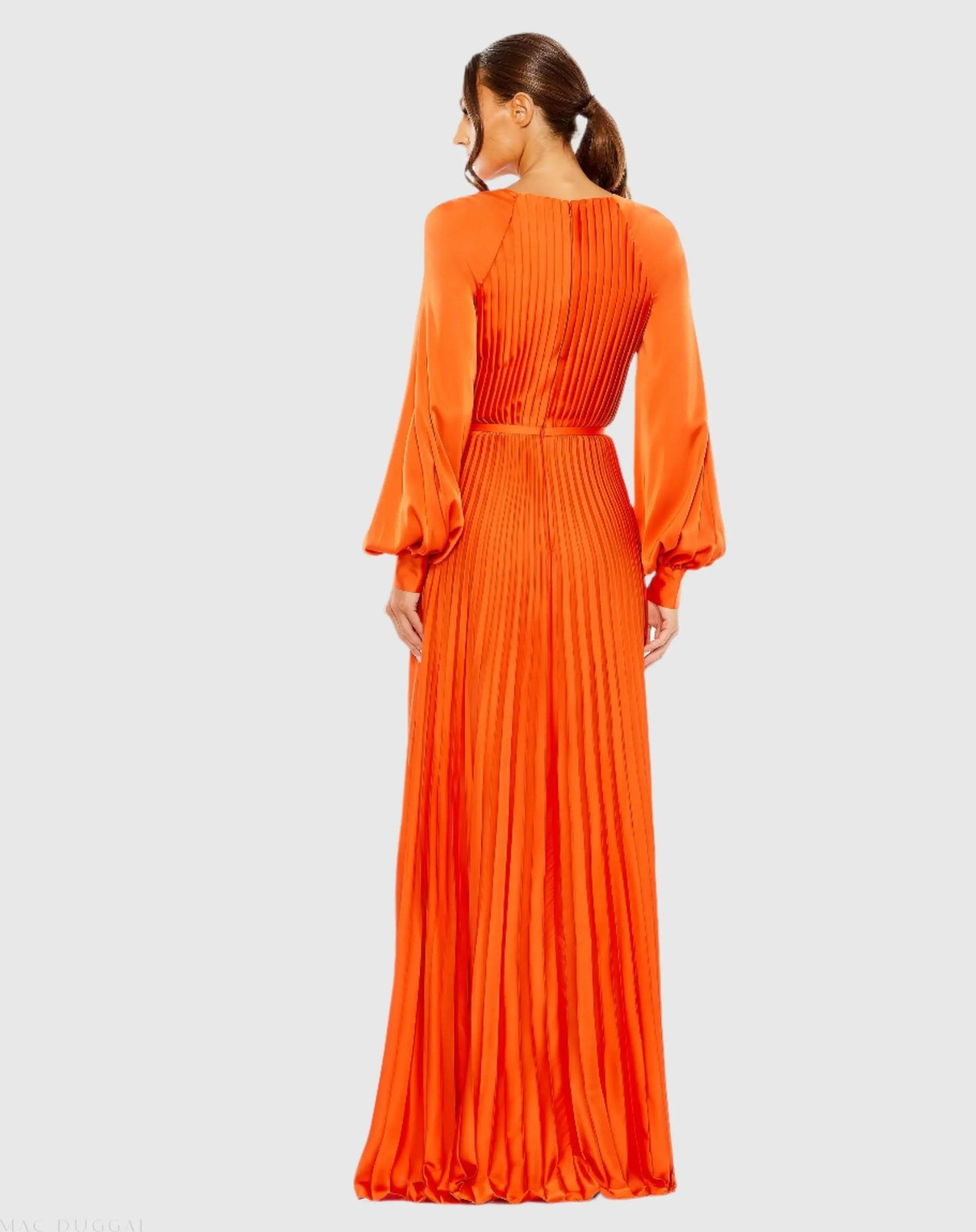 Orange Pleated High Neck Long Sleeve Gown with Slit