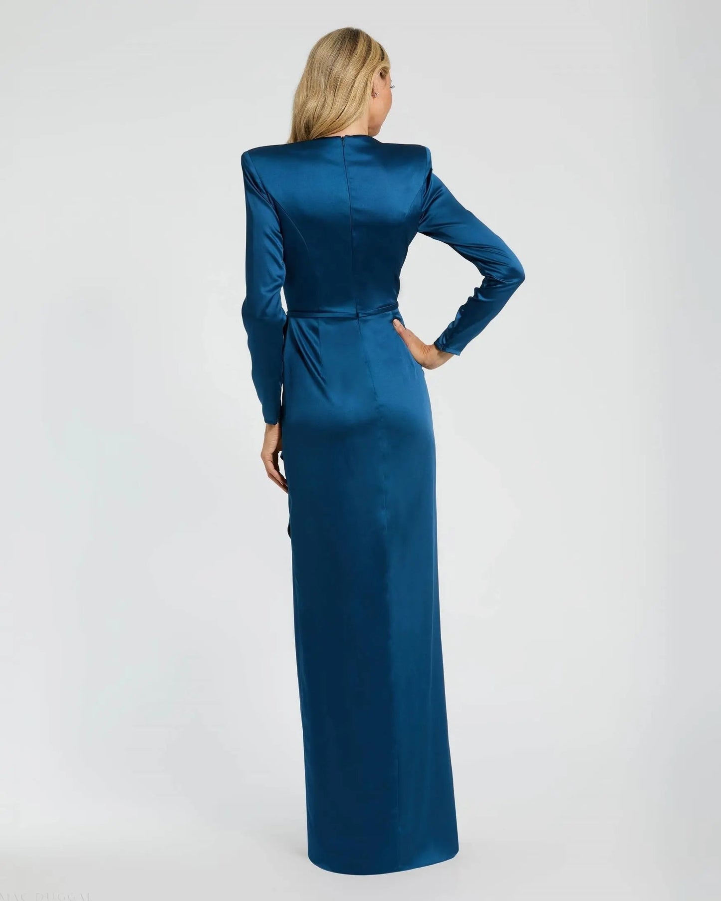 Blue Long Sleeve Satin Structured Bow Draped Column Gown