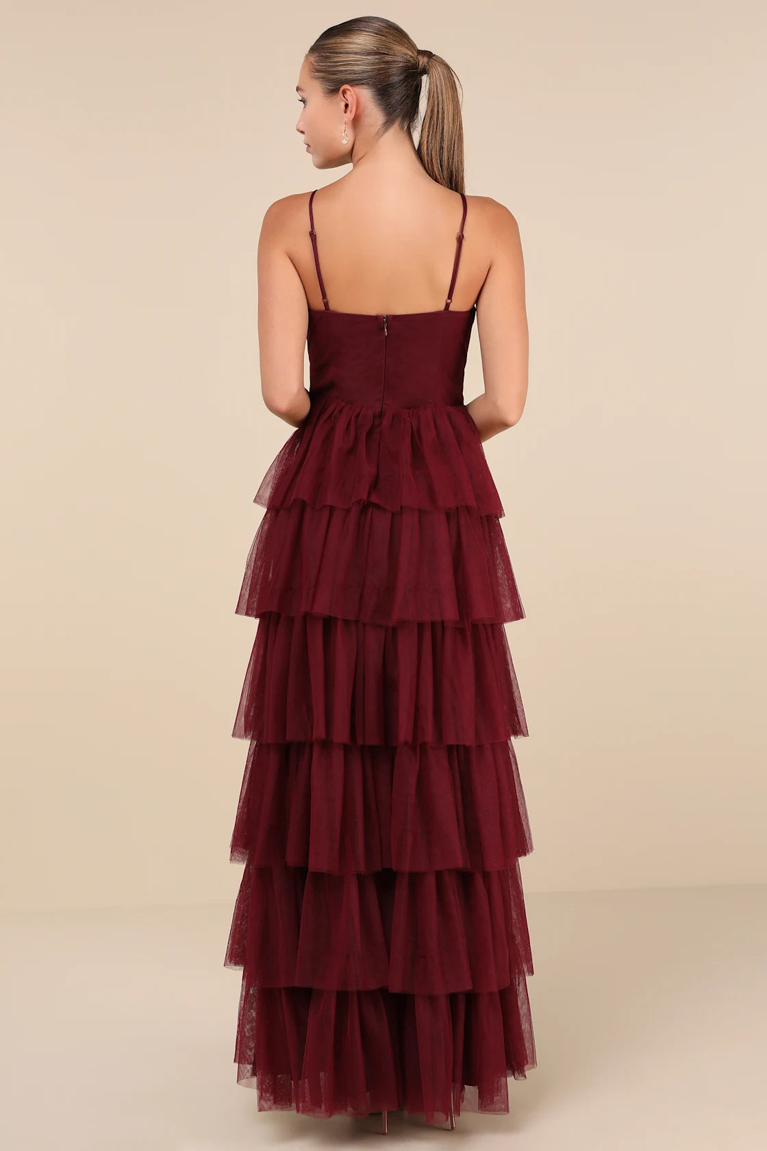 Rule the Runway Burgundy Tulle Surplice Tiered Maxi Dress