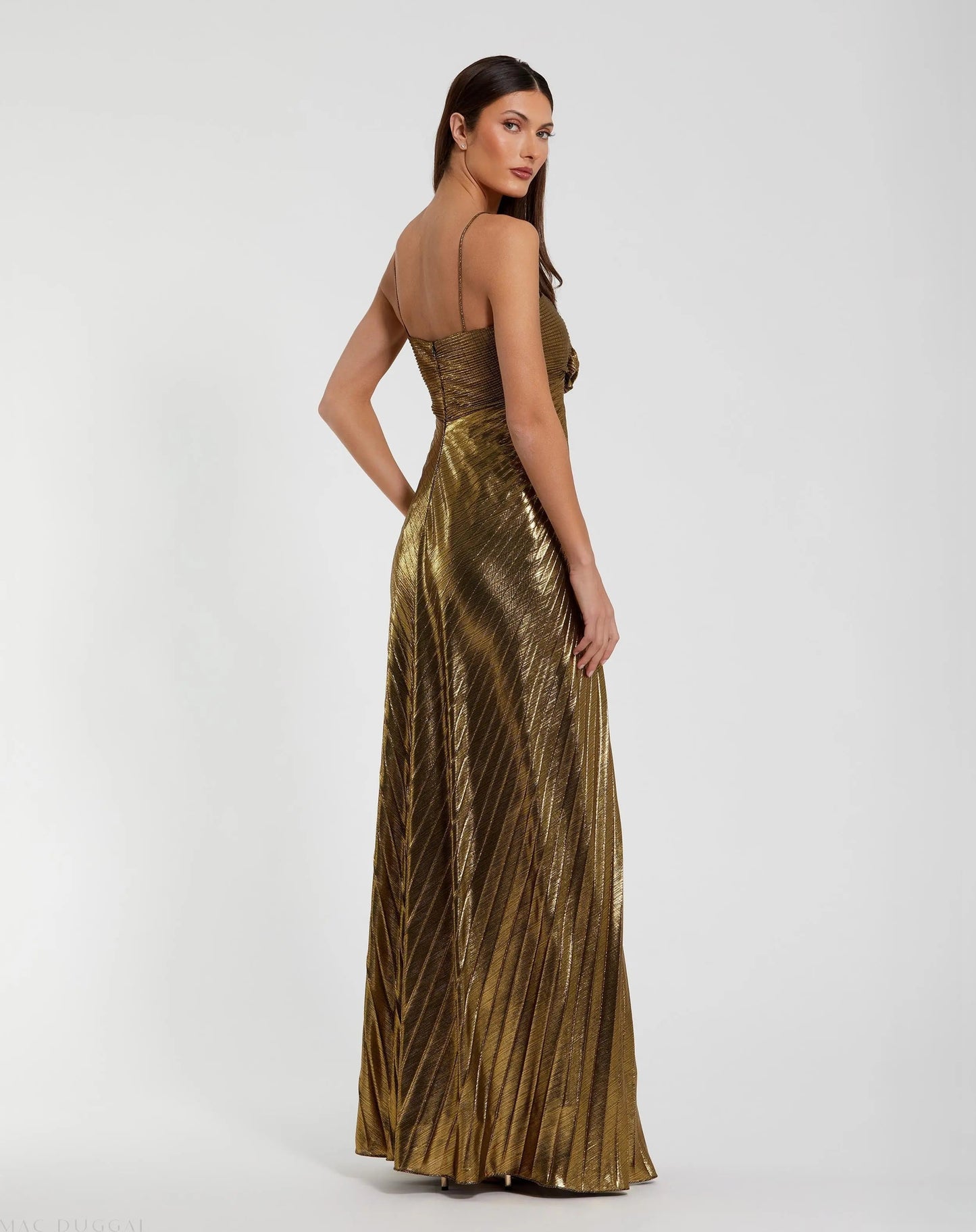 Gold Metallic Pleated Gown with 3D Flower
