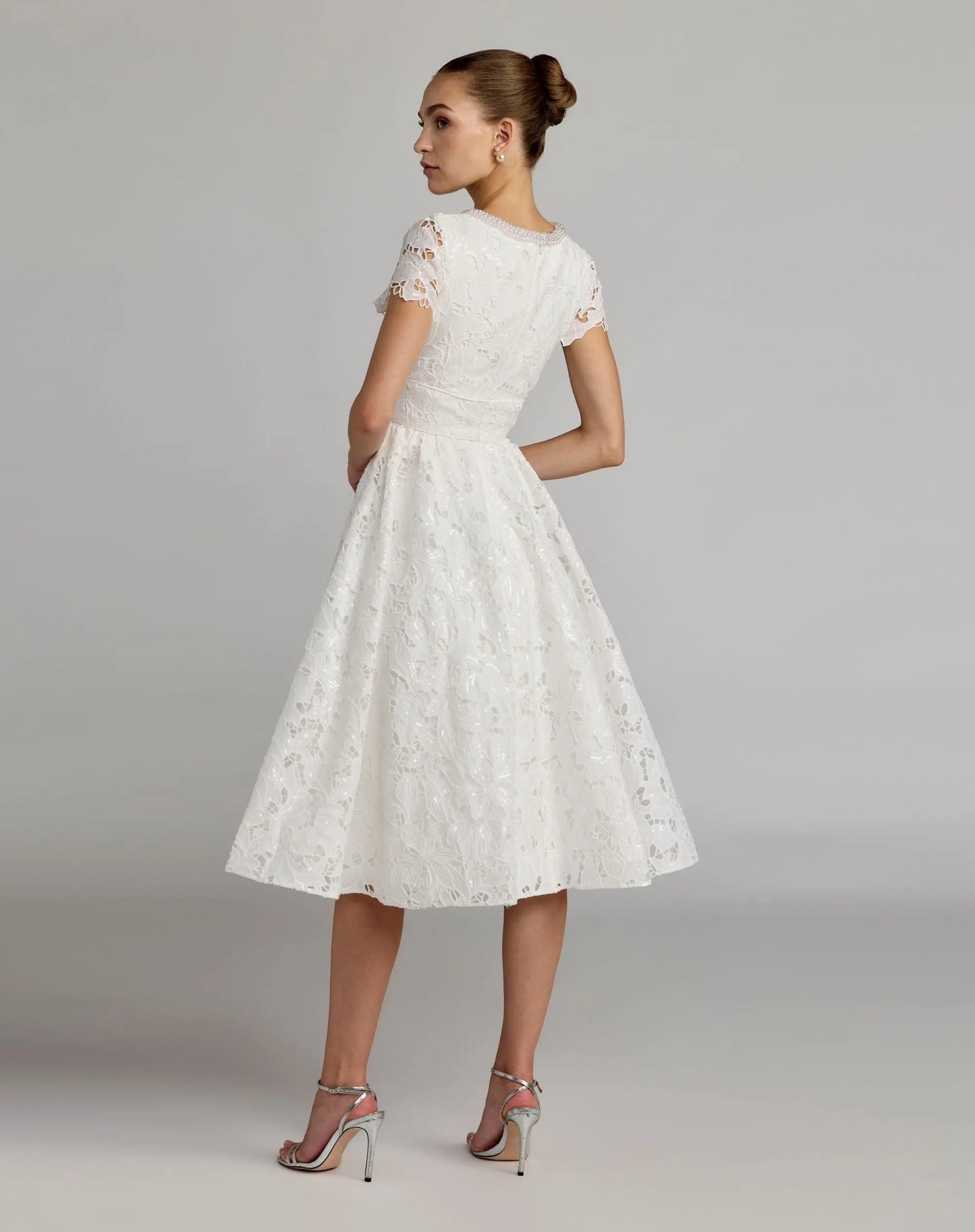White Embroidered Lace A Line Midi Dress