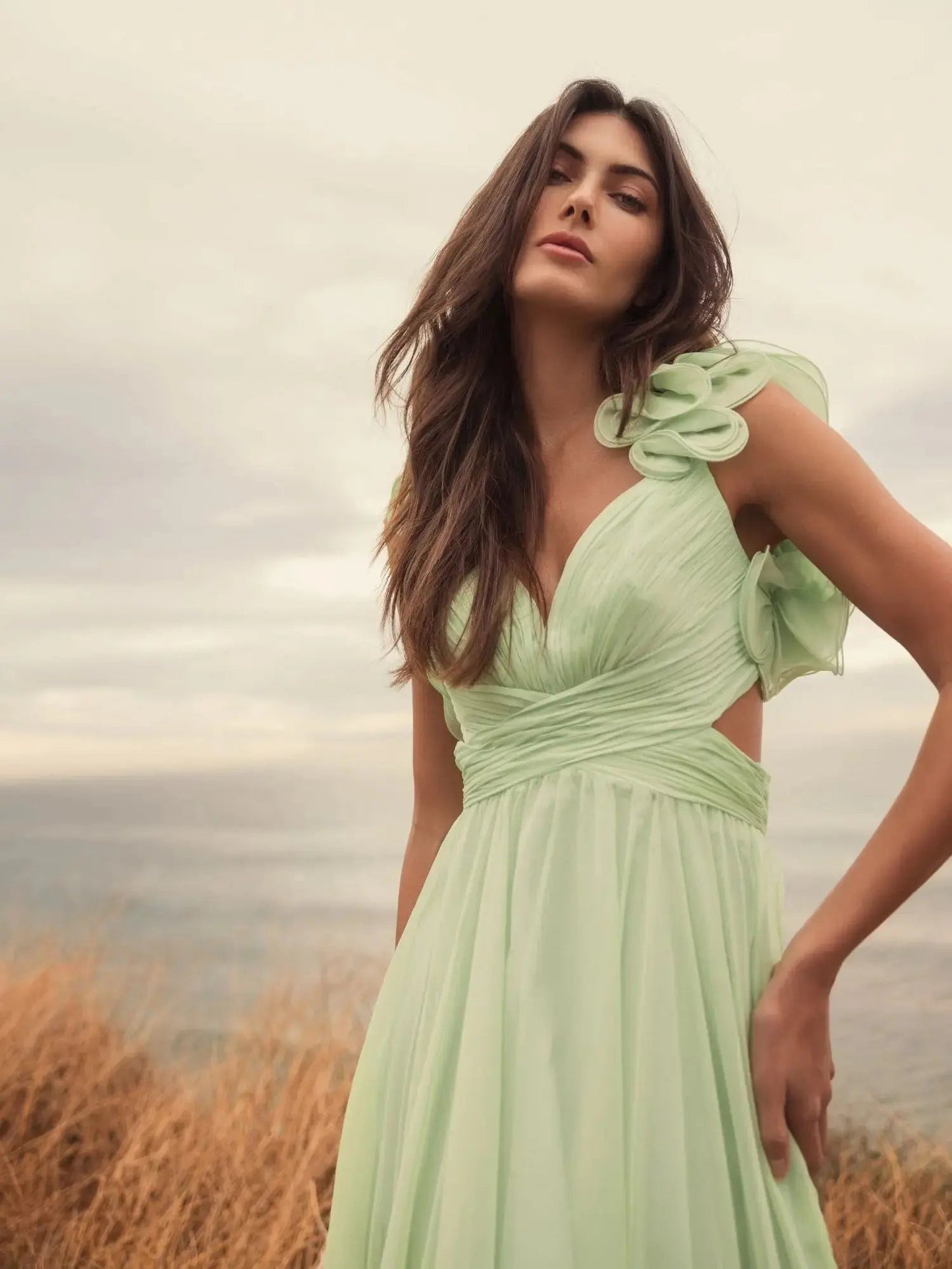 Light Green Ruffle Tiered Cut-Out Chiffon Gown