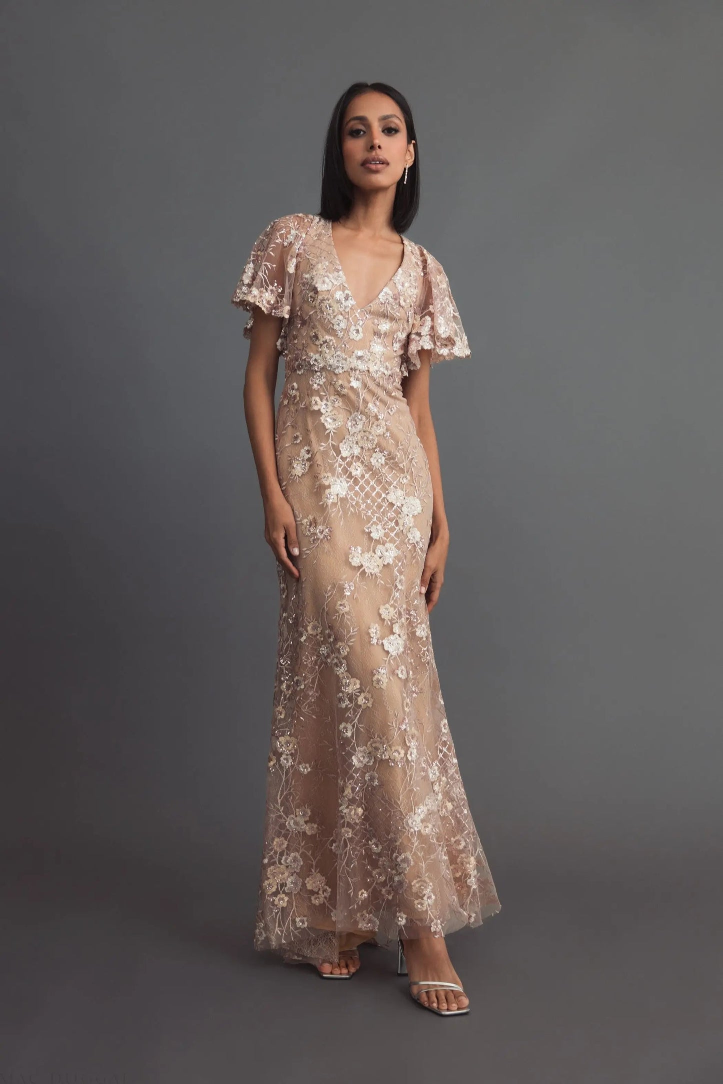 Pink Embellished Lace V Neck Butterfly Sleeve Gown