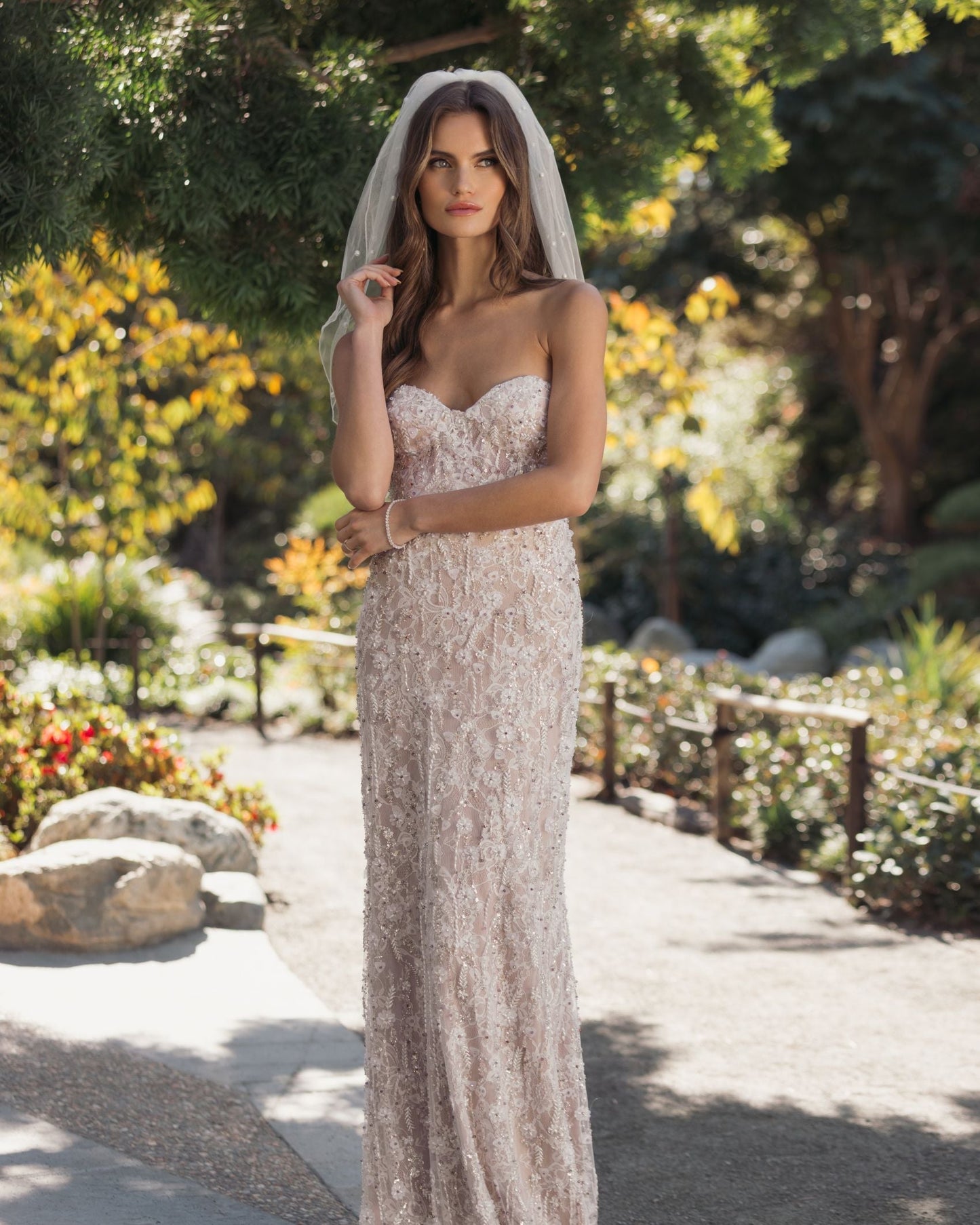 Ivory Embellished Lace Strapless Bustier Gown