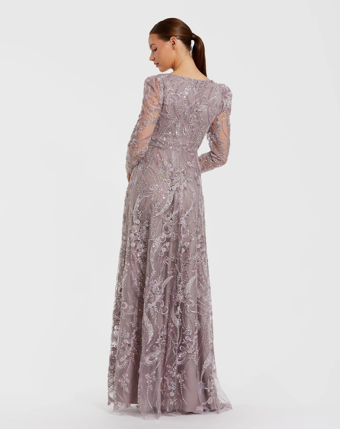 Purple Embroidered Long Sleeve V Neck Gown