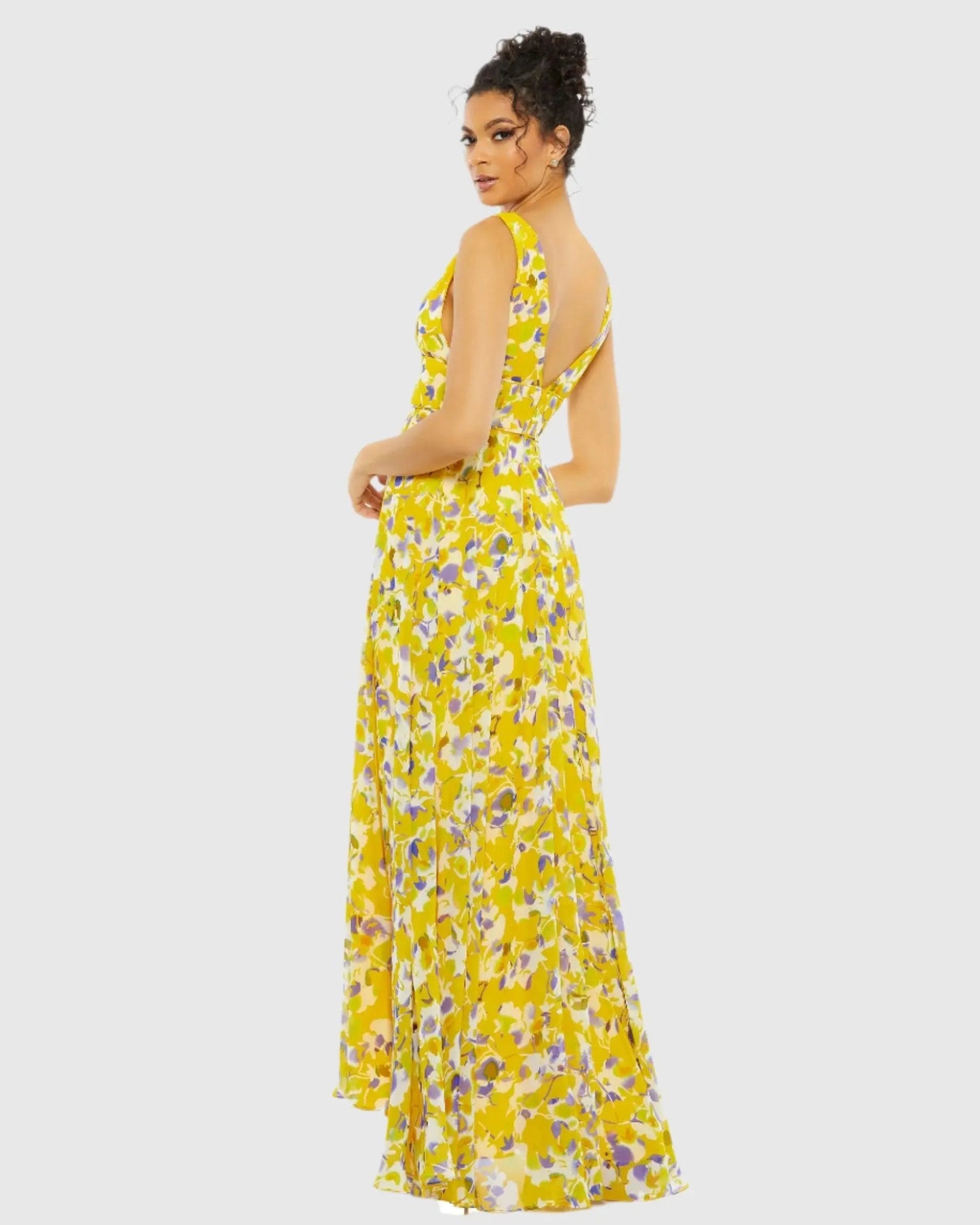 Yellow Floral Plunge V-Neck Gown