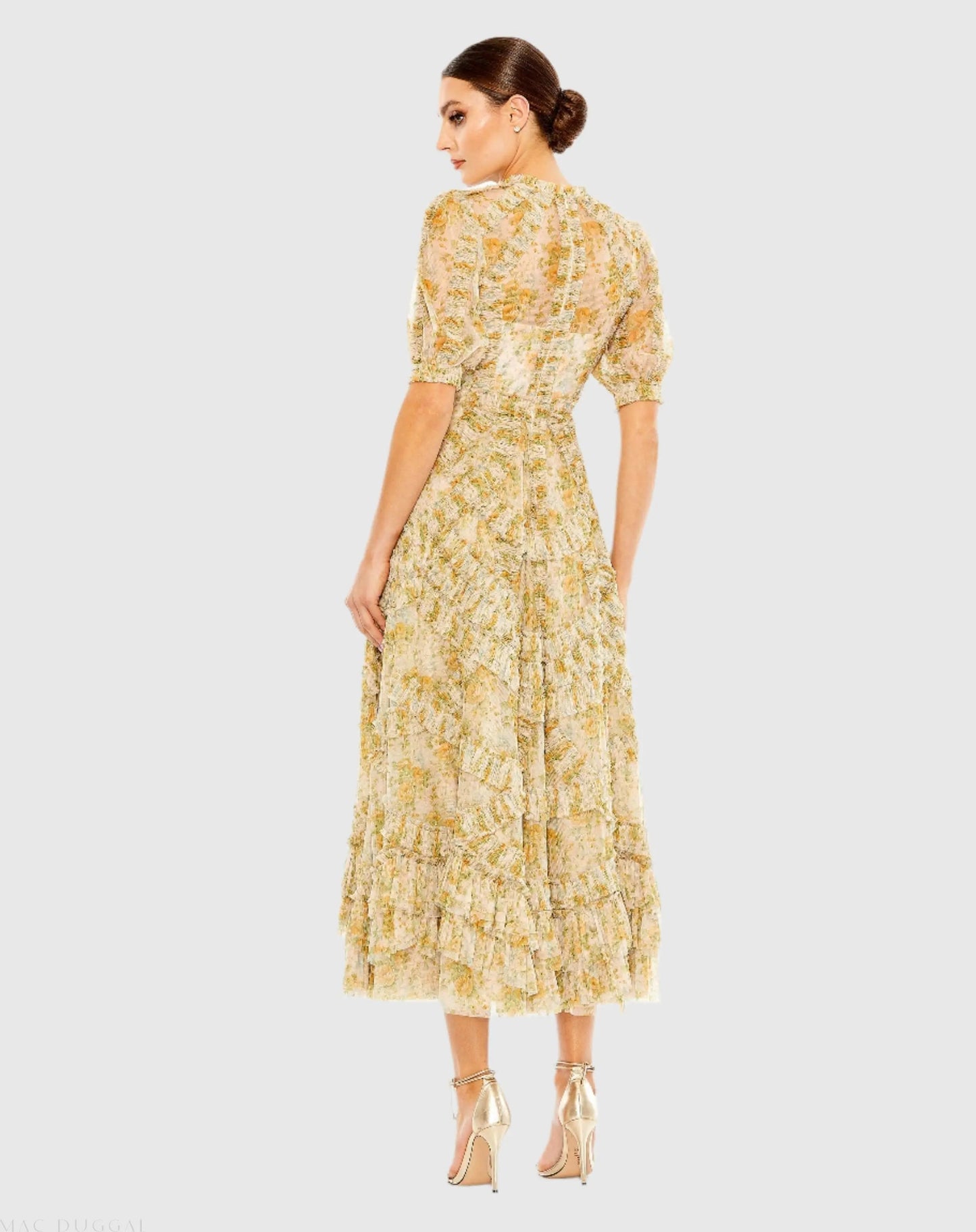 Beige Multicolor Mesh Puff Sleeve Floral Print Dress