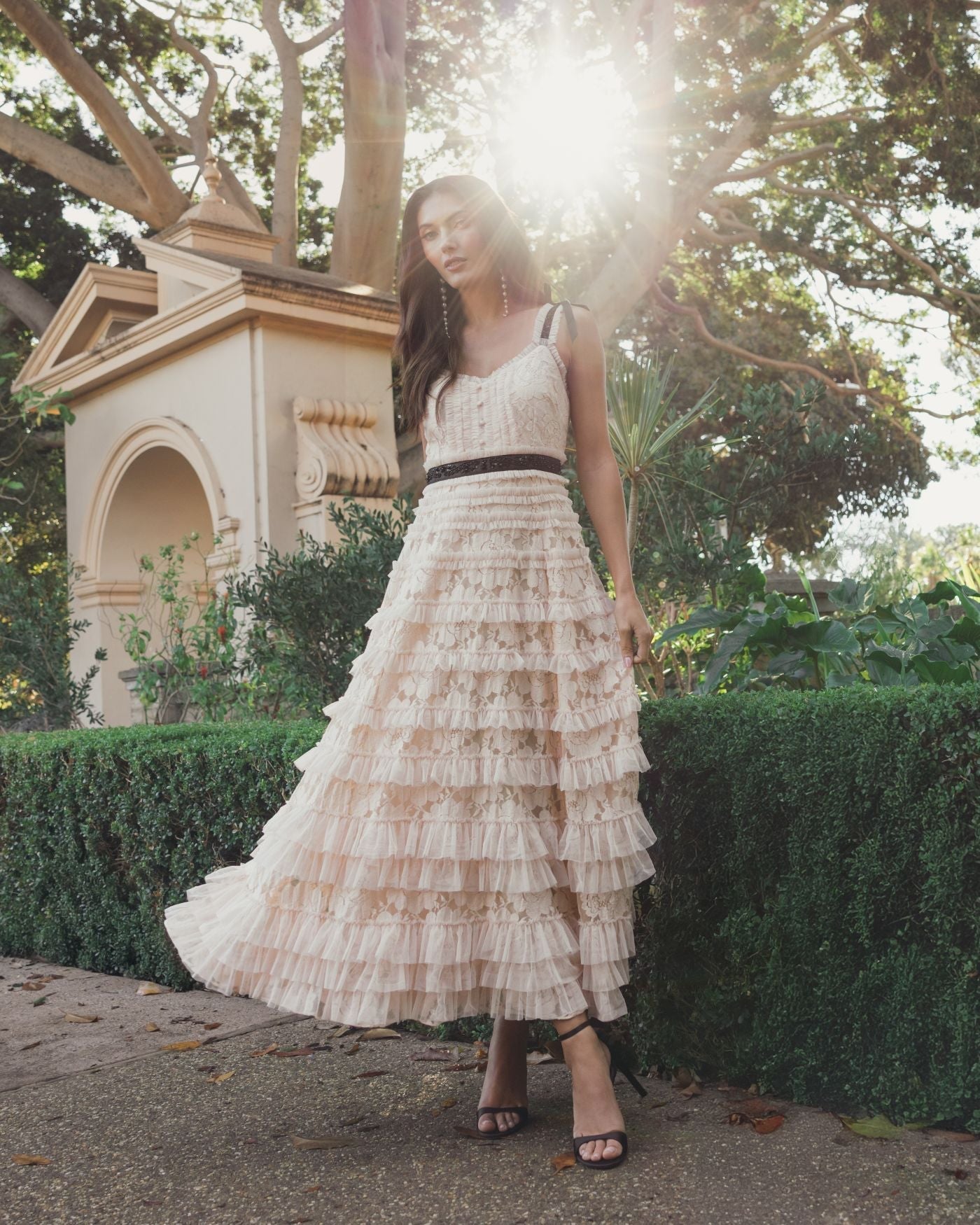 Pink Lace Tiered Midi Dress with Bow Straps