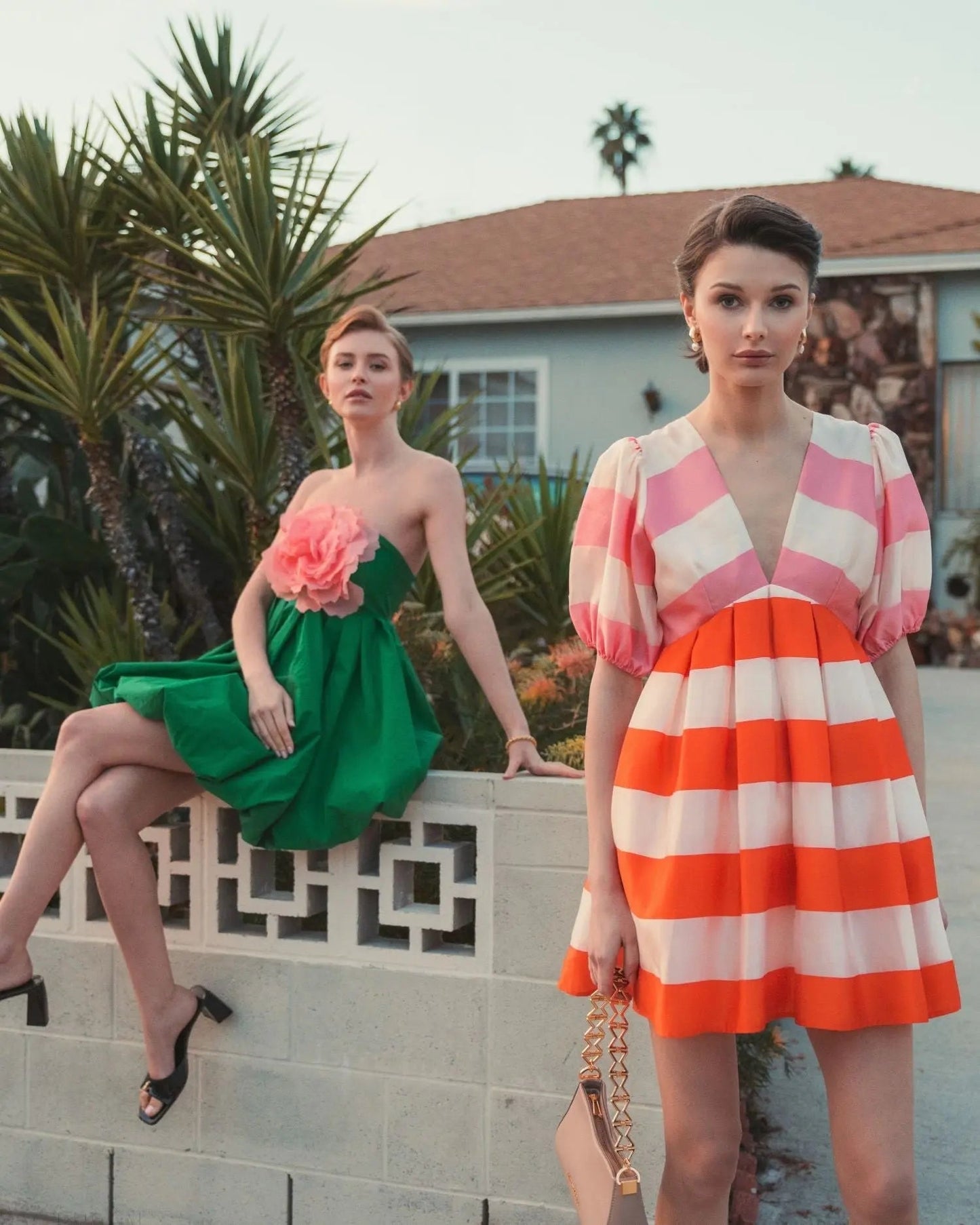 Multicolor Organza Striped Balloon Sleeve Mini Dress