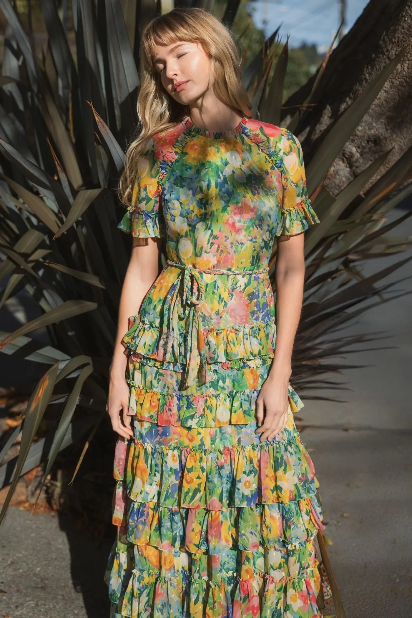 Green Ruffle Tiered Chiffon Floral Dress