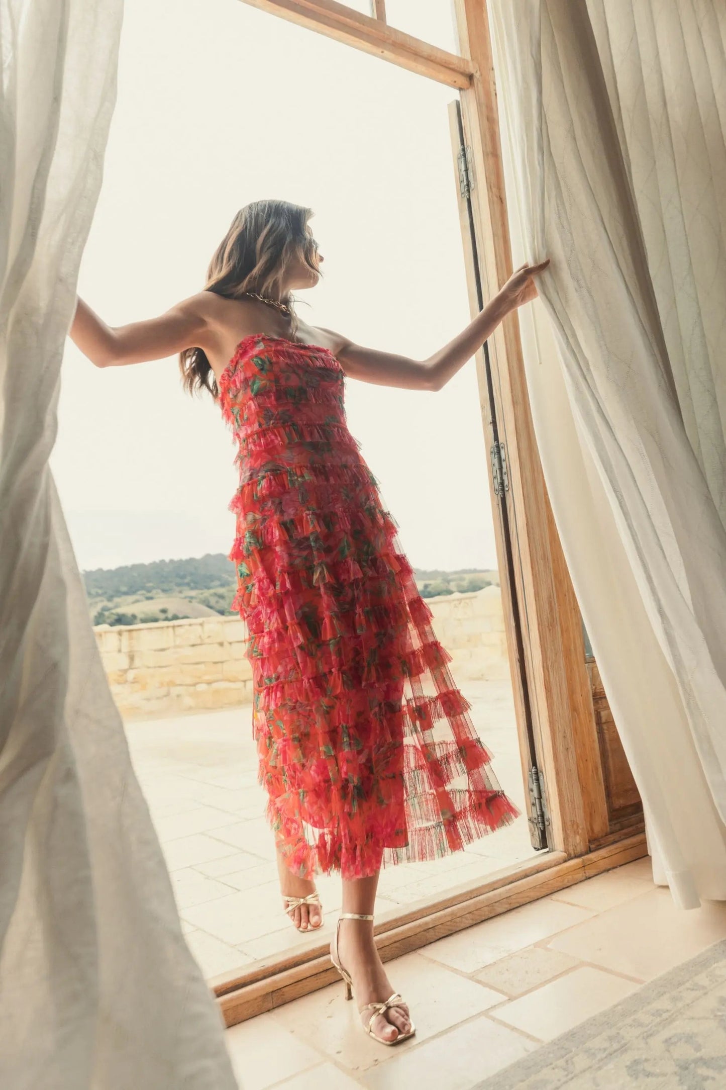 Multicolor Strapless Floral Micro Ruffle Dress