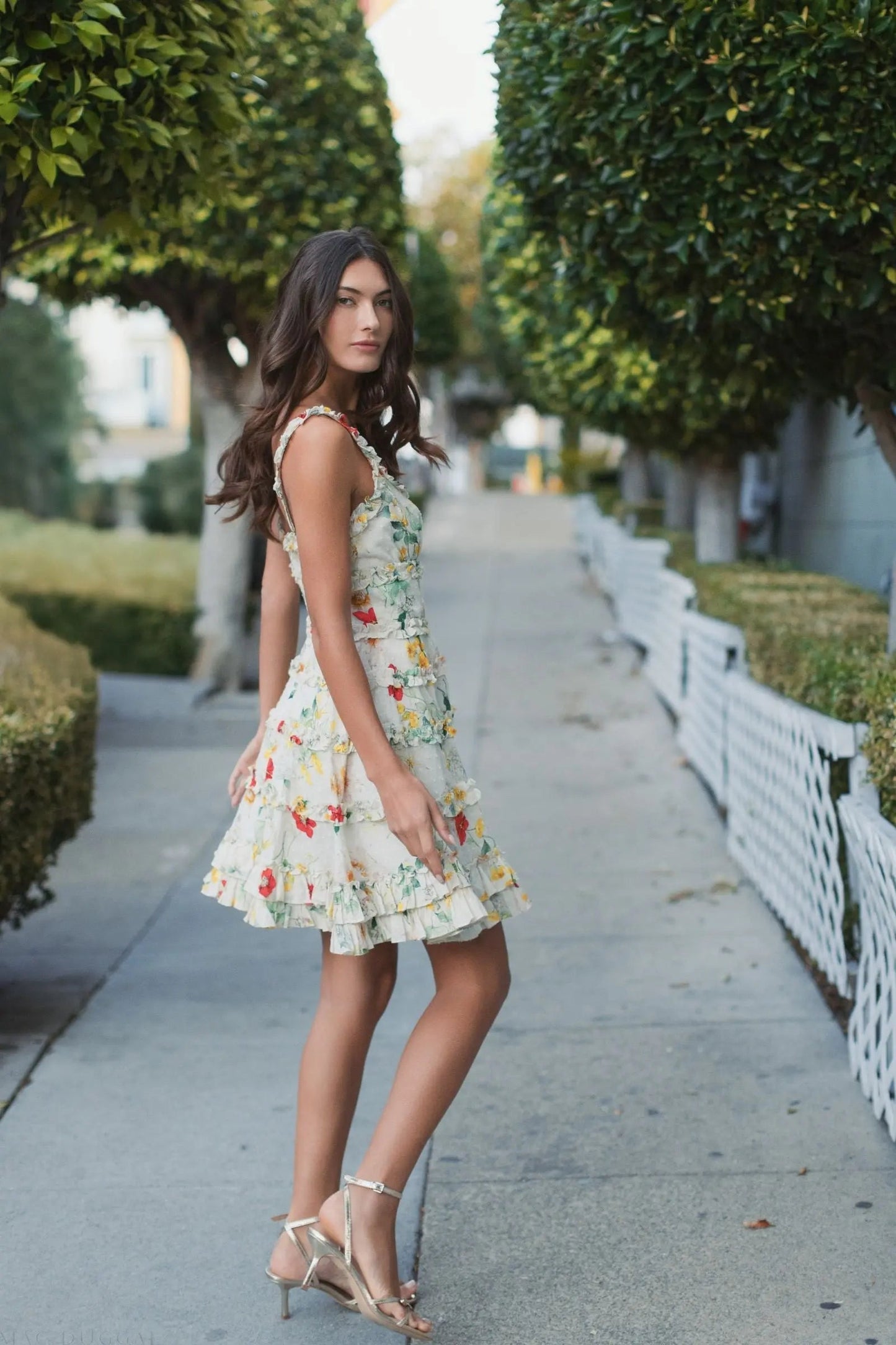 Ivory Floral Square Neck Ruffle Mini Dress