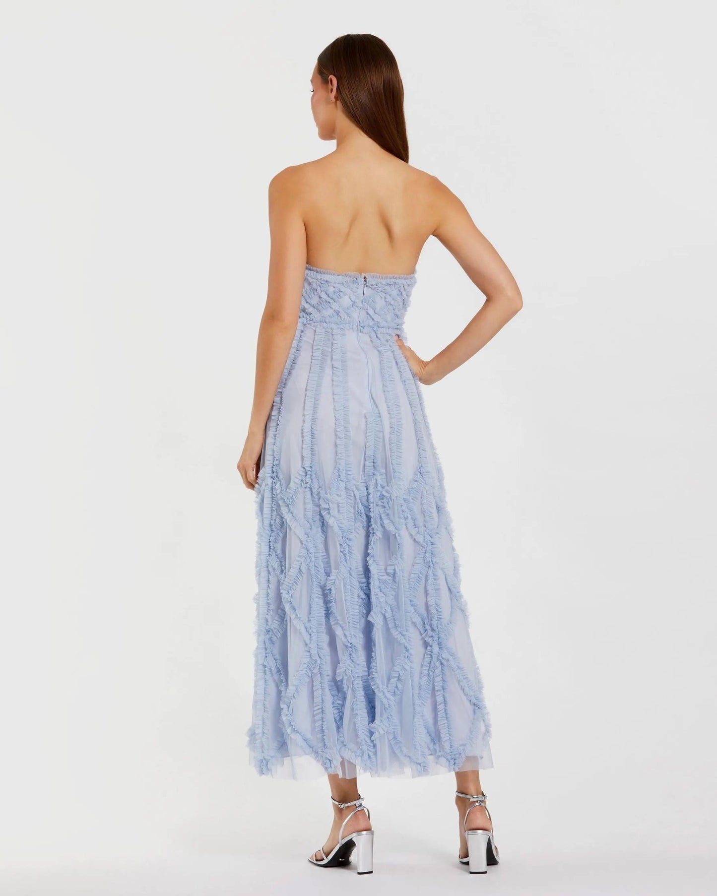 Blue Mesh Ruffle Strapless A-Line Midi Dress