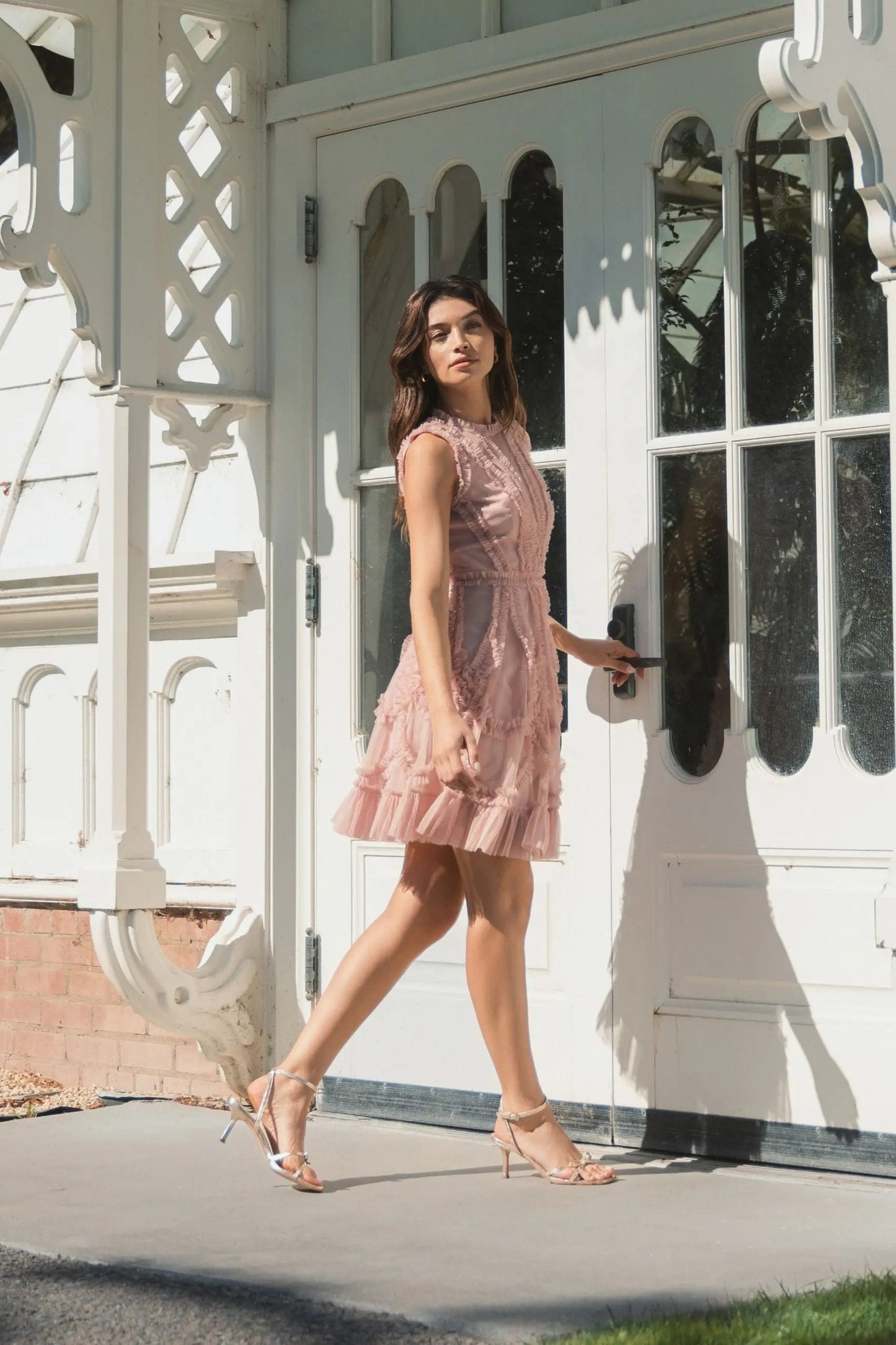 Pink High Neck Sleeveless Micro Ruffle Mini Dress