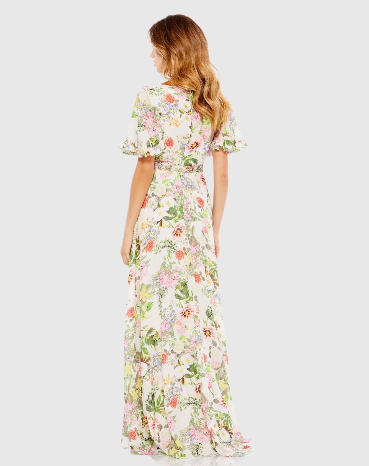 White Floral Print Faux Wrap Flutter Sleeve A Line Dress