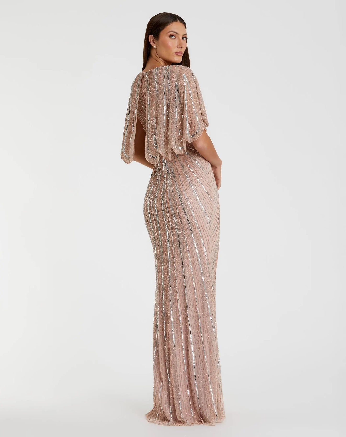 Pink Sequined V Neck Cape Sleeve Gown - FINAL SALE
