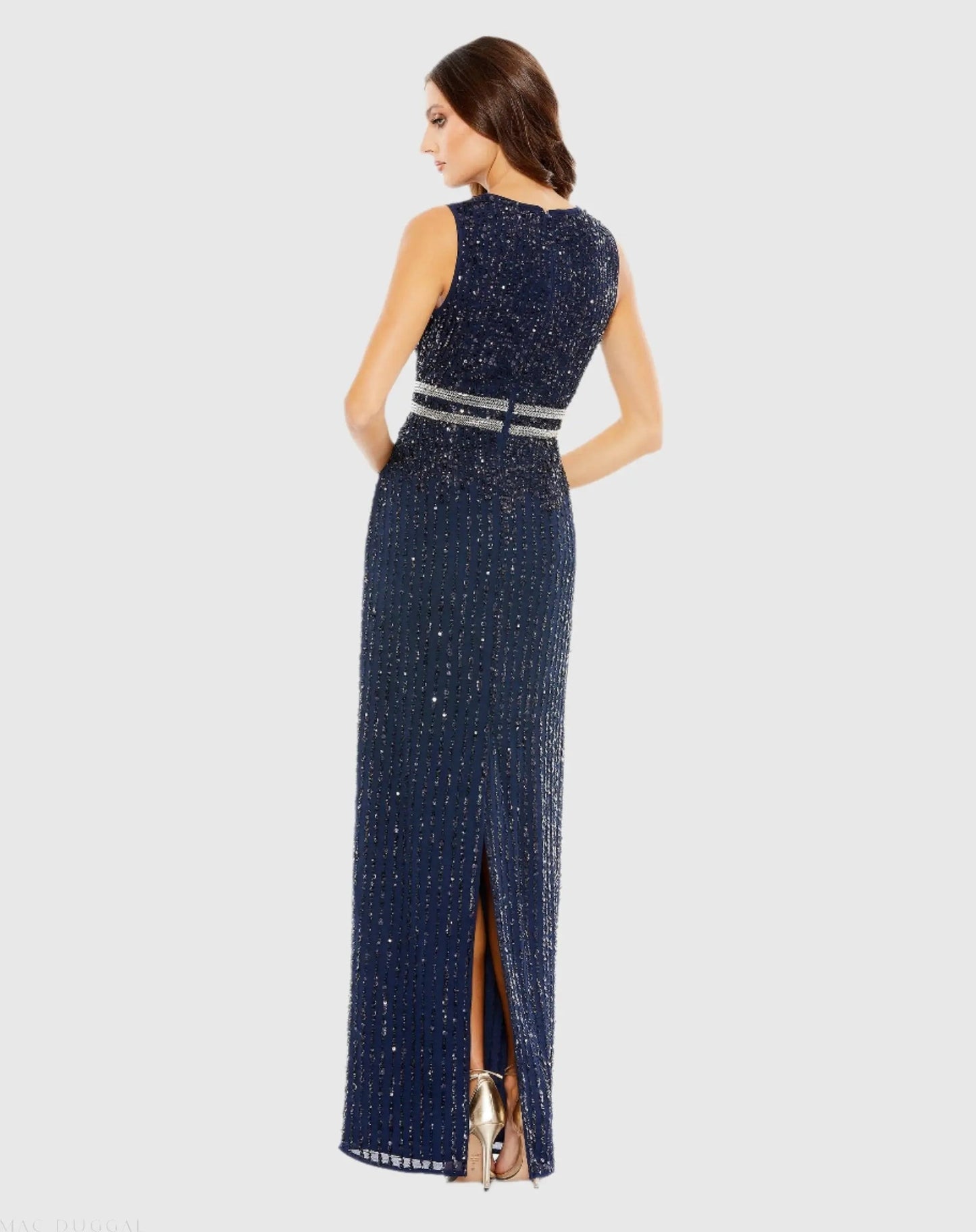 Navy Sequined High Neck Sleeveless Column Gown