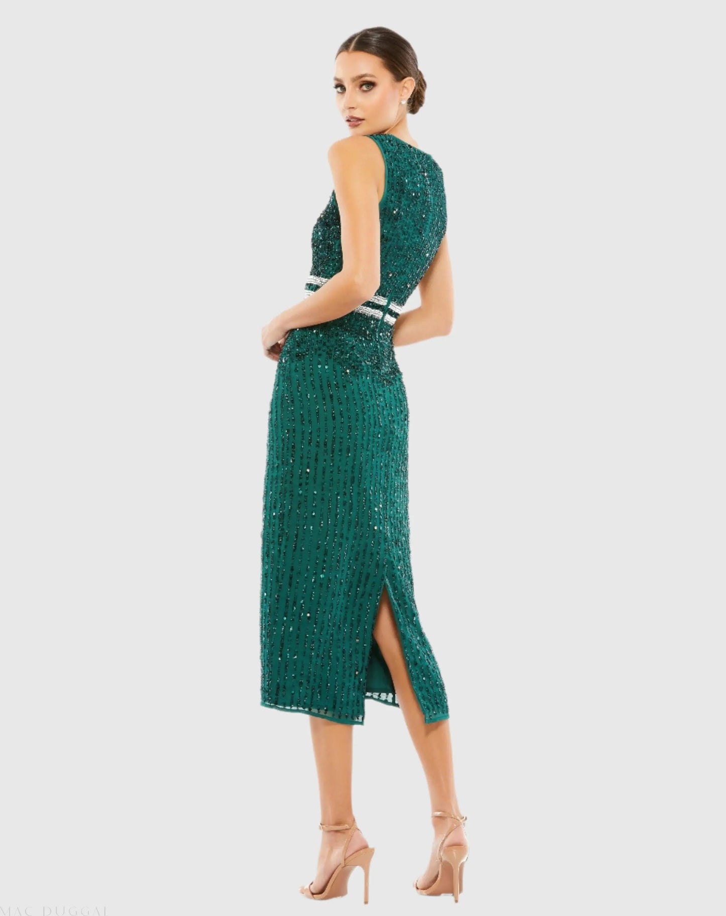 Green Sleeveless High Neck Beaded Midi Sheath Dress - Final Sale
