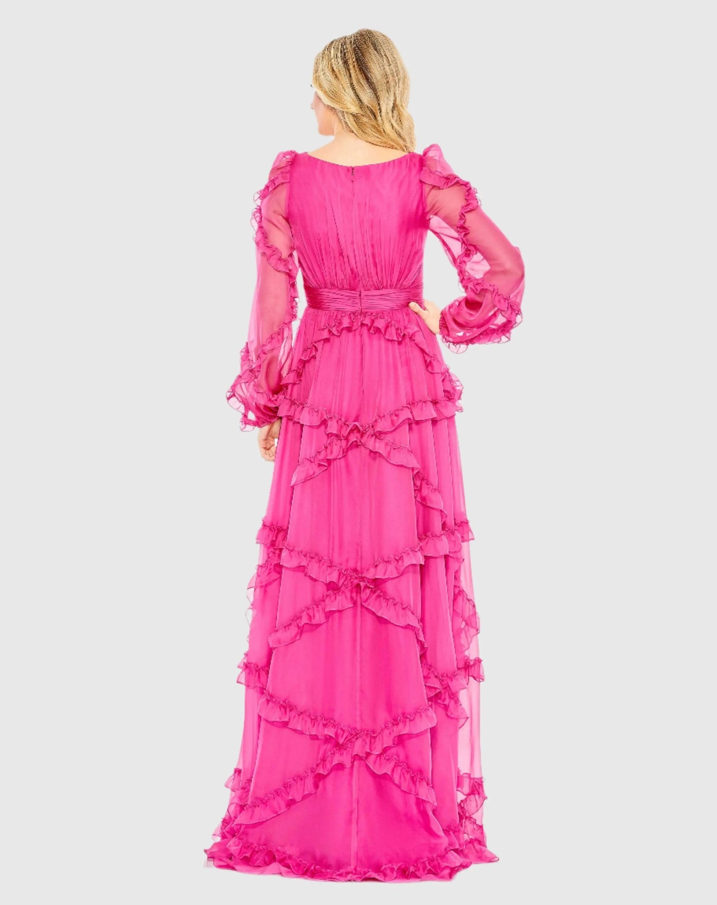 Pink Ruffle A-line Gown with Sheer Long Sleeves