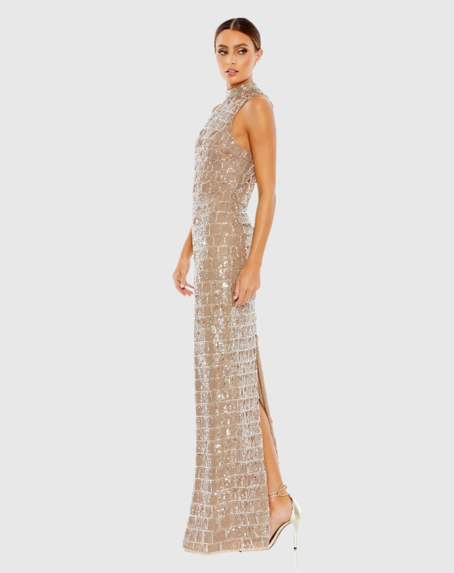 Beige Sequined High Neck Sleeveless Column Gown