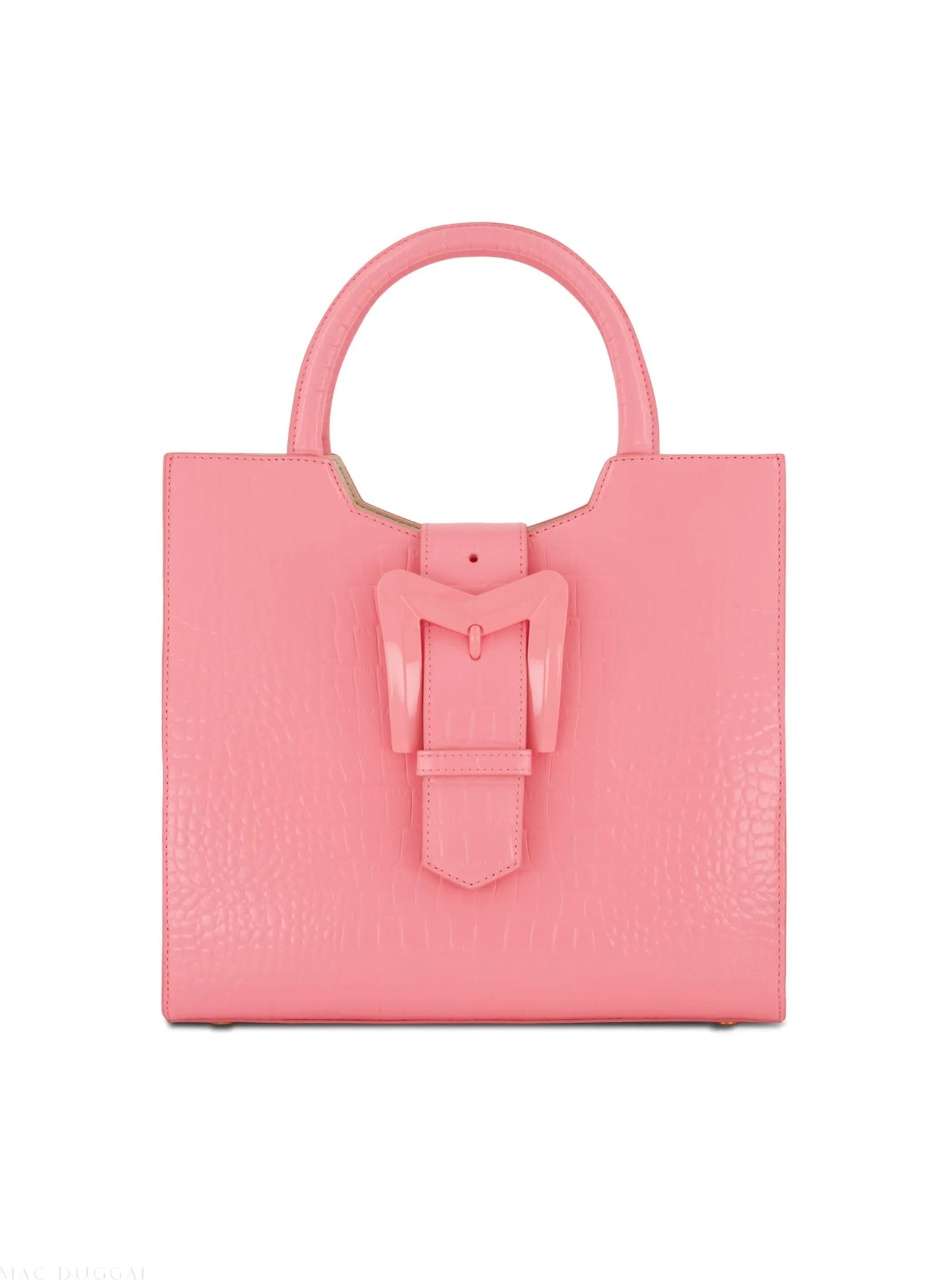 Pink Buckled Medium Croco Leather Tote Bag with Detachable Strap
