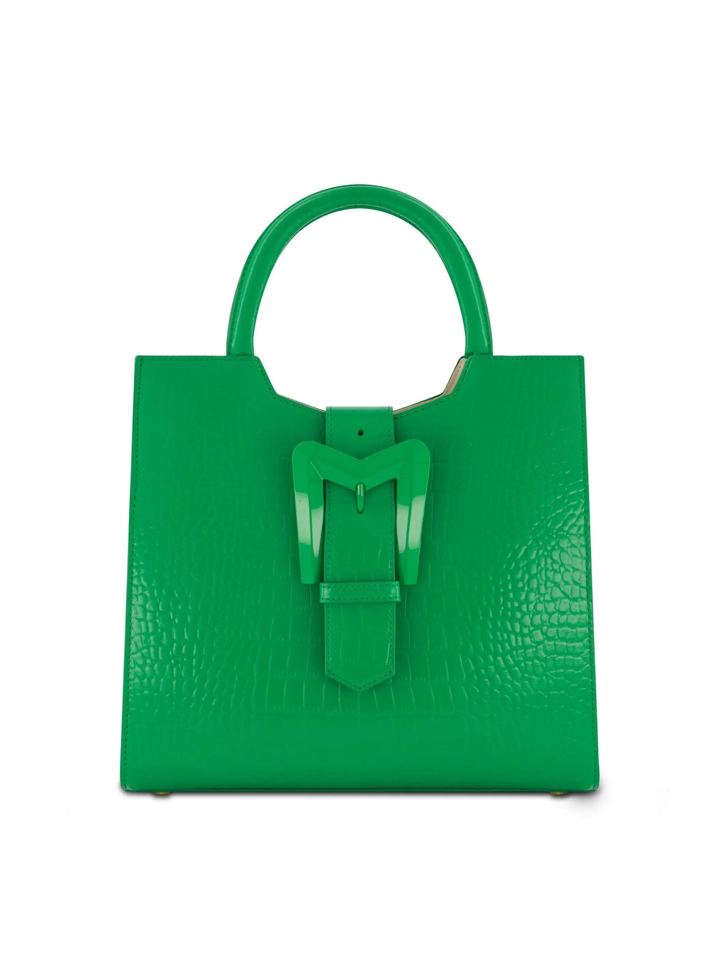 Green Buckled Medium Croco Leather Tote Bag with Detachable Strap