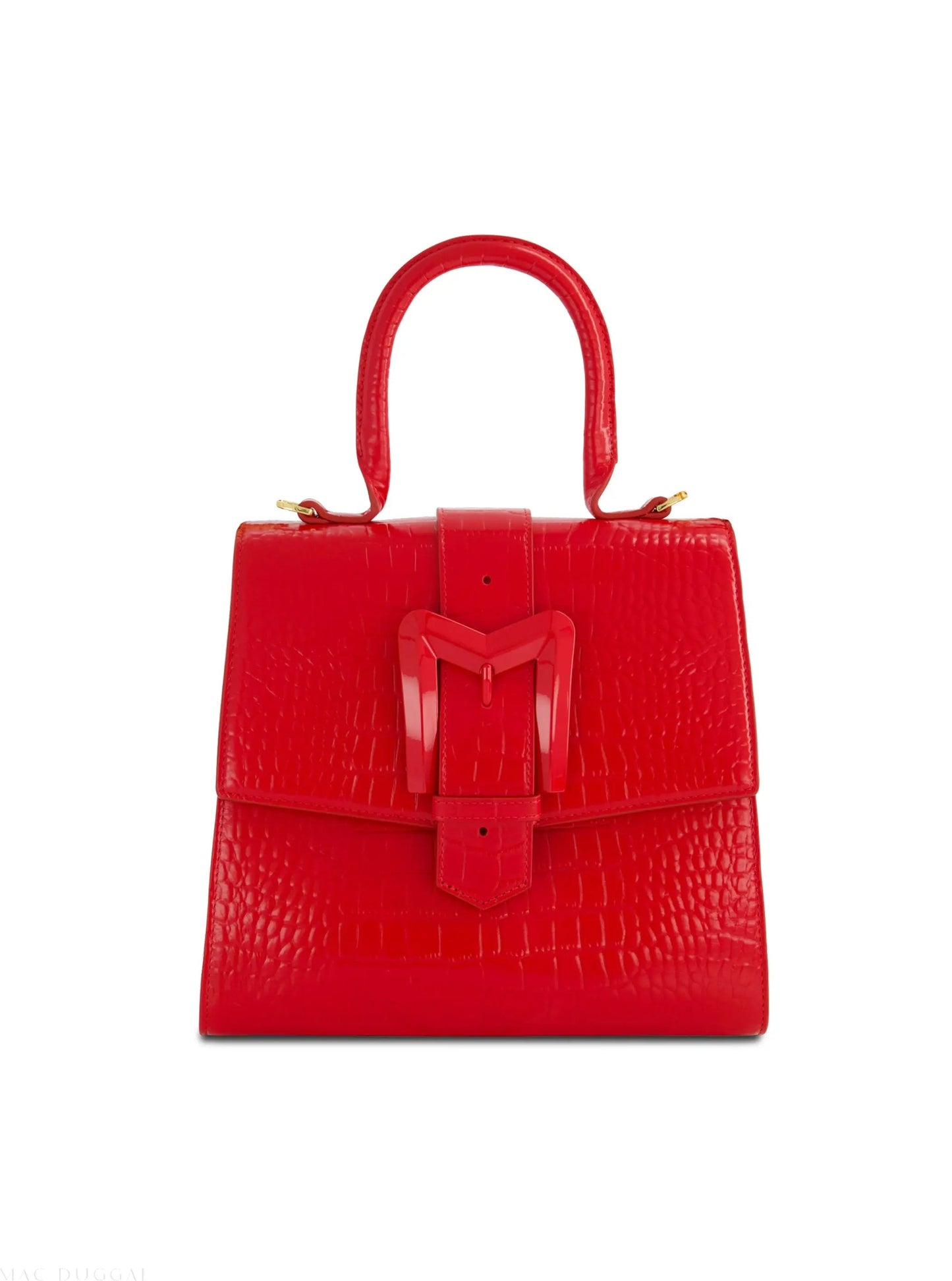 Red Buckled Medium Croco Leather Handbag with Detachable Strap