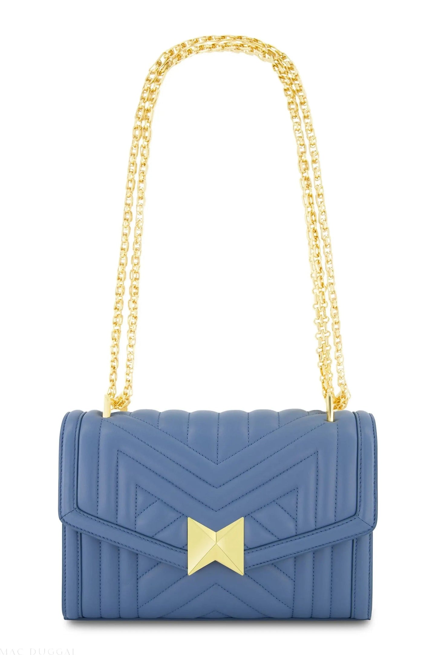 Blue Quilted Napa Leather Handbag With Gold Chain