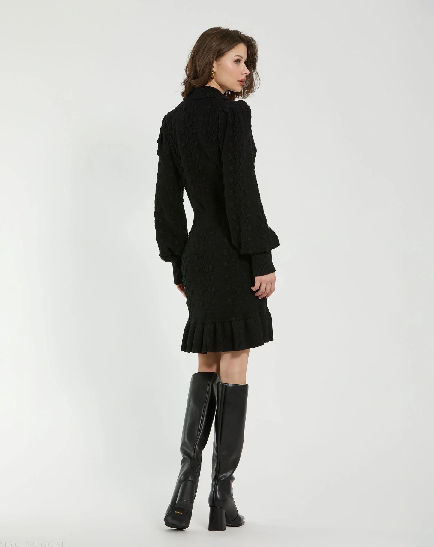 Black Long Sleeve Button Up Collared Bobble Knit Sweater Dress