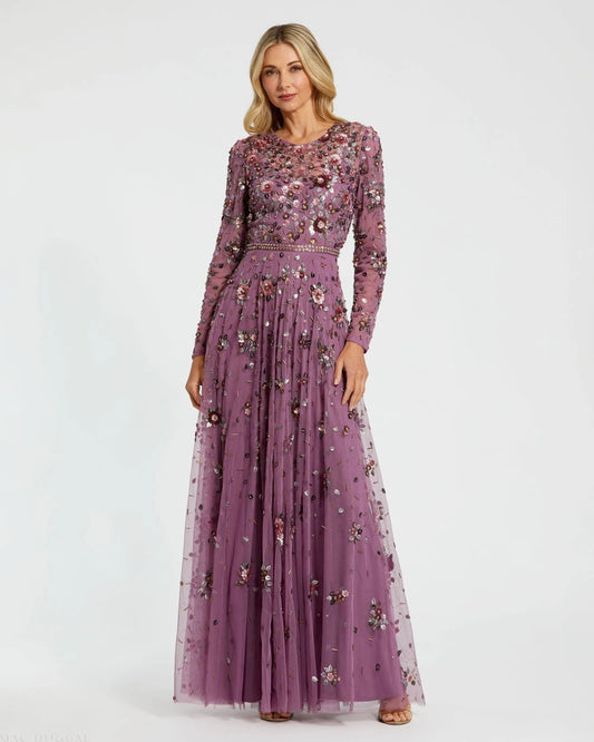 Purple Long Sleeve High Neck Beaded Gown