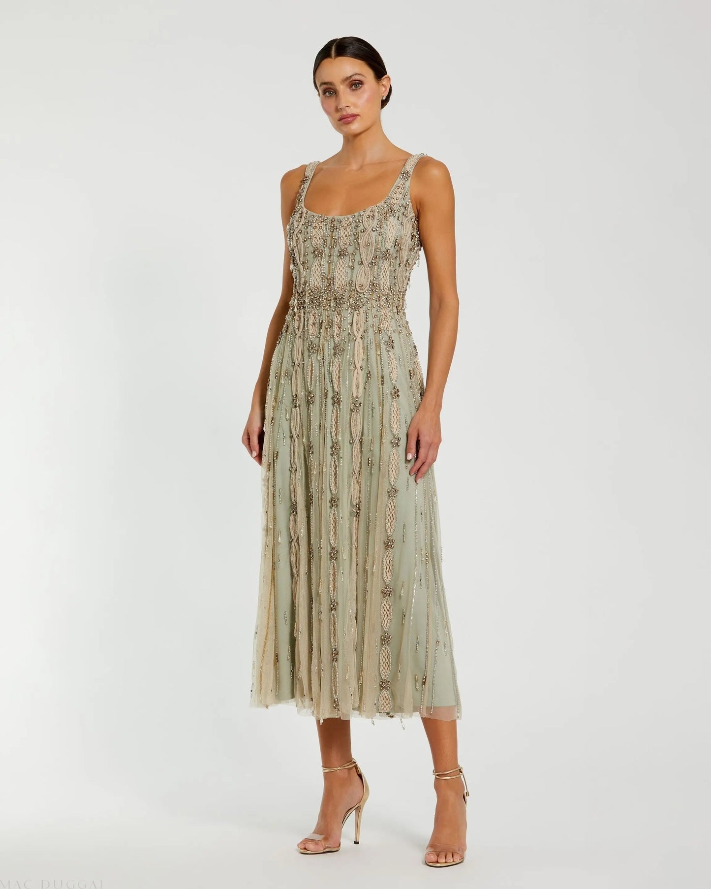 Green Embellished Mesh Sleeveless Scoop Neck Midi Dress