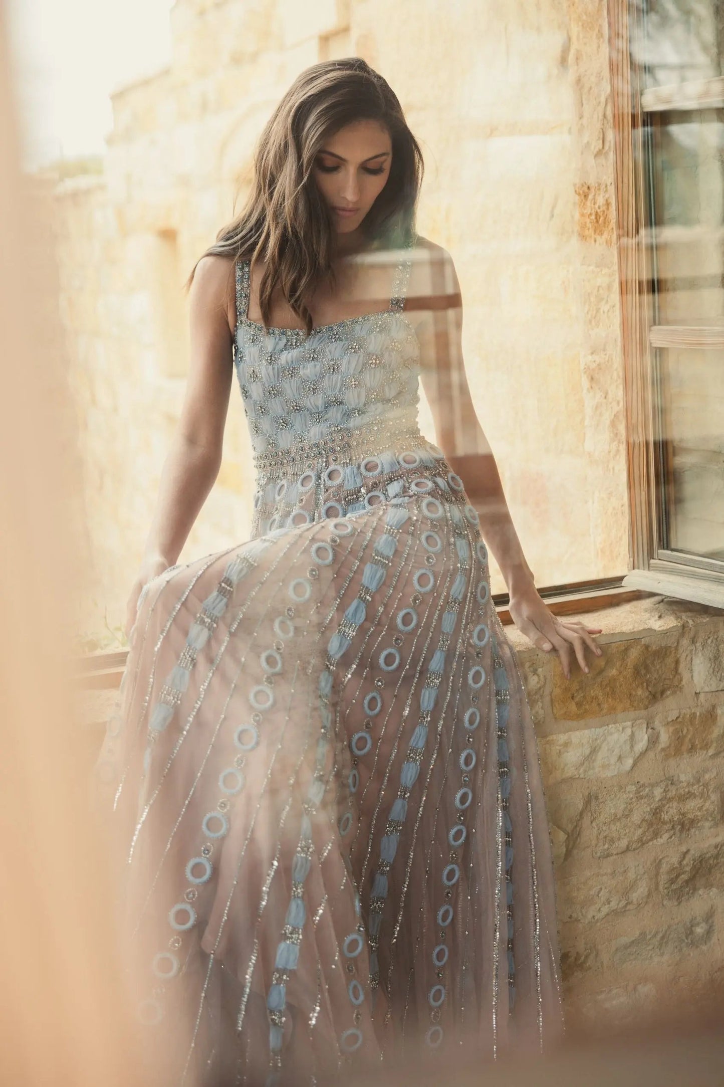Light Blue Sleeveless Embellished A-line Gown