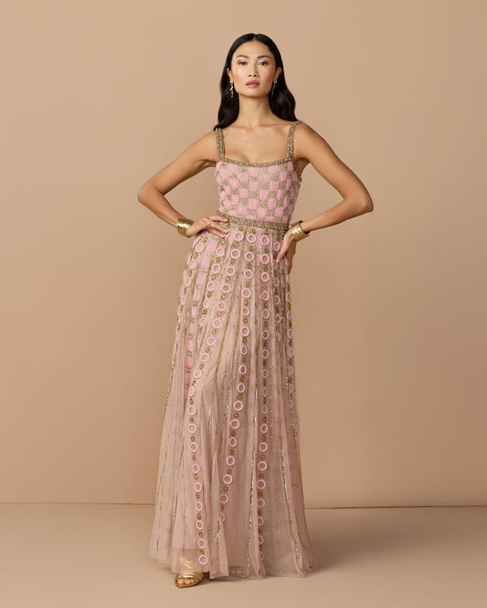 Pink Sleeveless Embellished A-line Gown