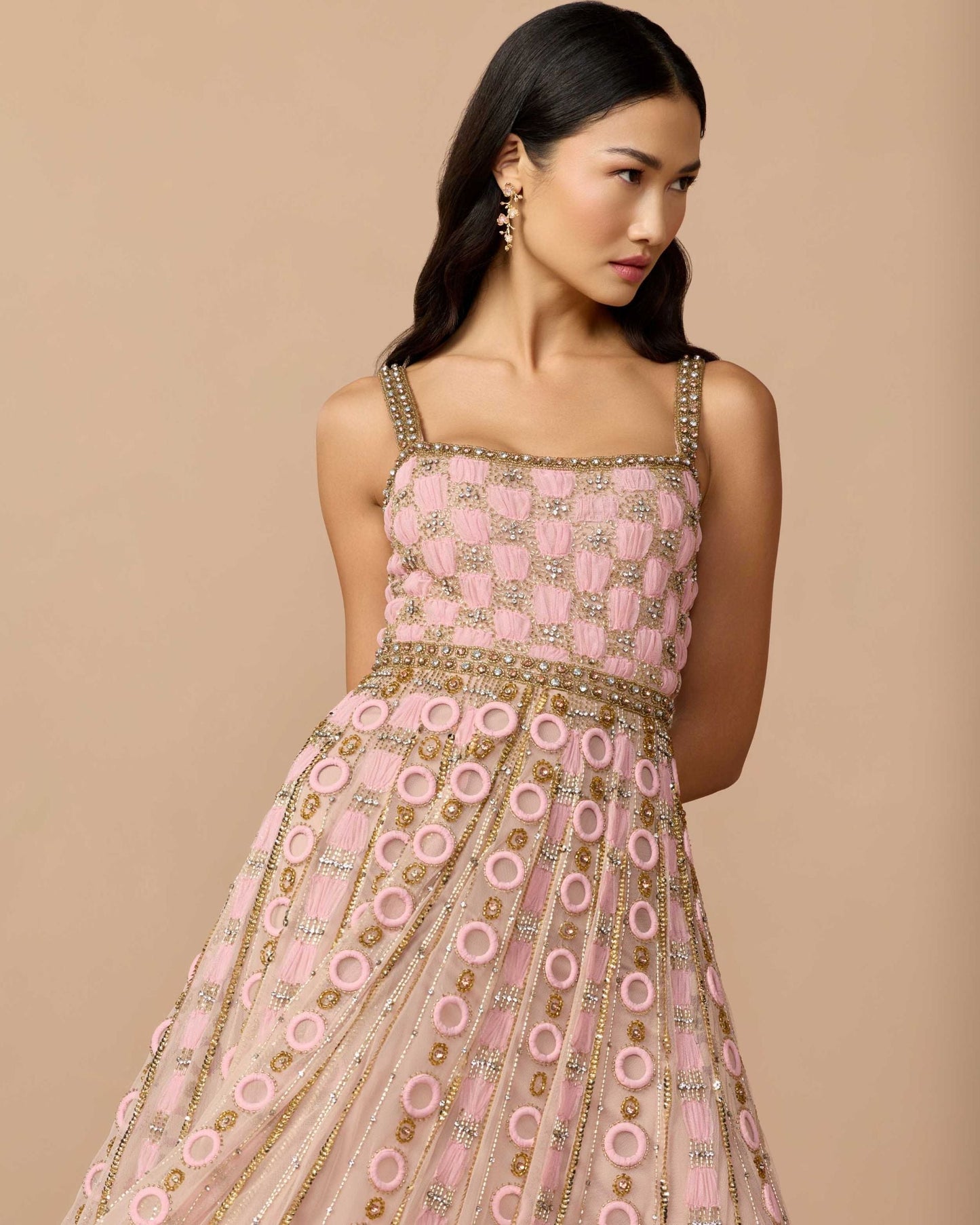 Pink Sleeveless Embellished A-line Gown