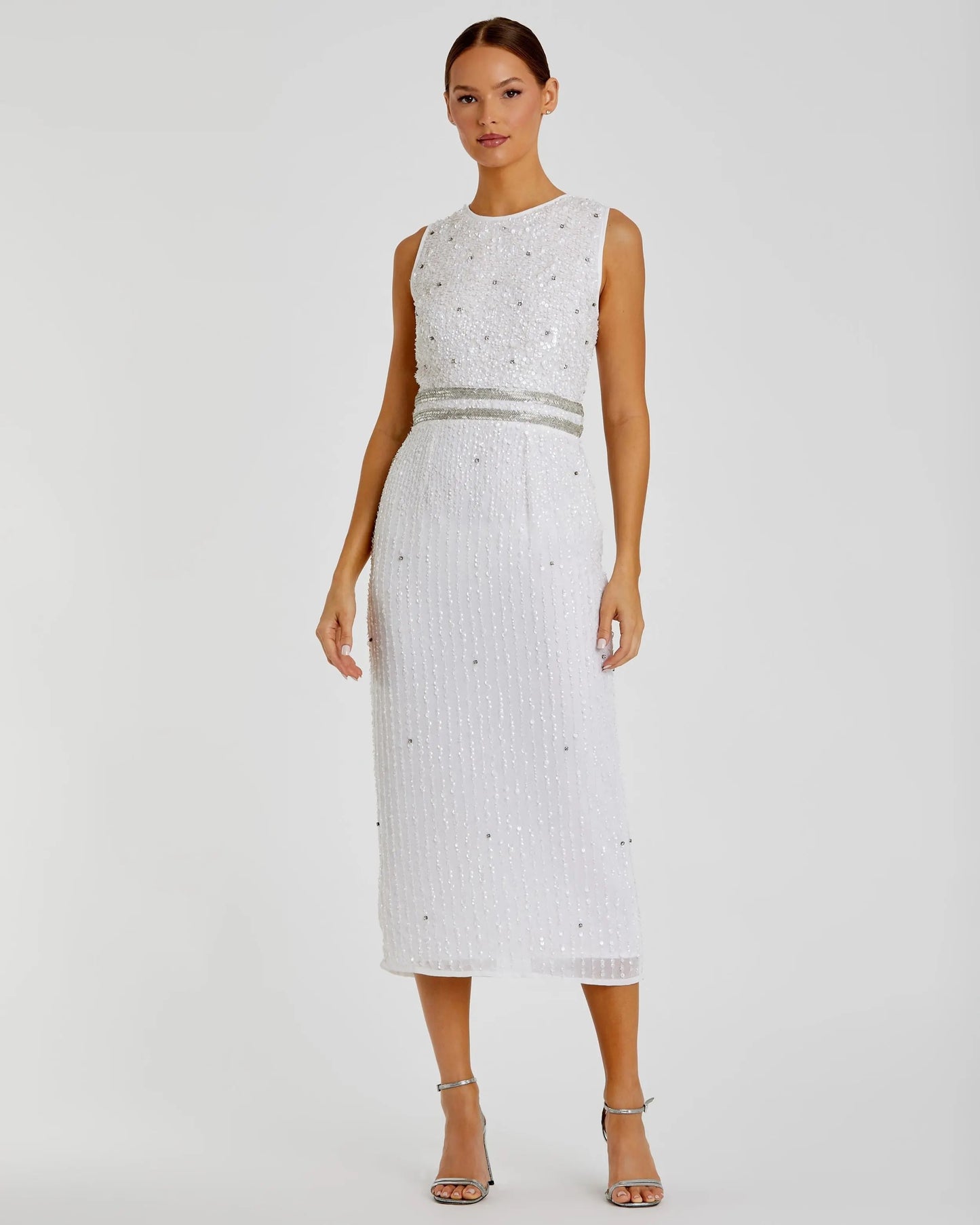 White Sleeveless High Neck Beaded Midi Sheath Dress - FINAL SALE