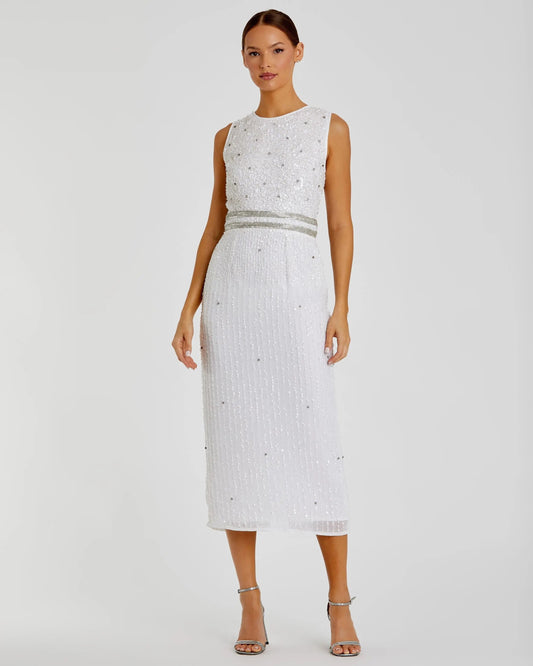 White Sleeveless High Neck Beaded Midi Sheath Dress - FINAL SALE